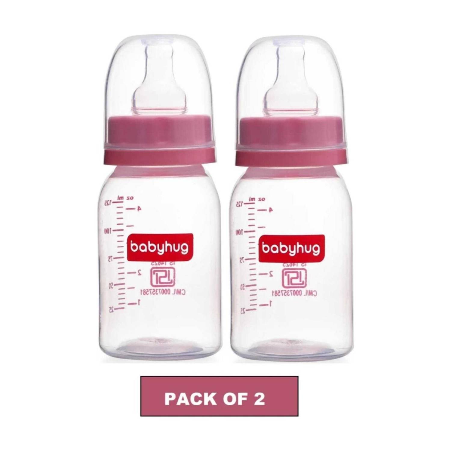 babyhug Glass Feeding Bottle Round Shape Silicone Nipple PINK - (125ml X 2) - 250 ml