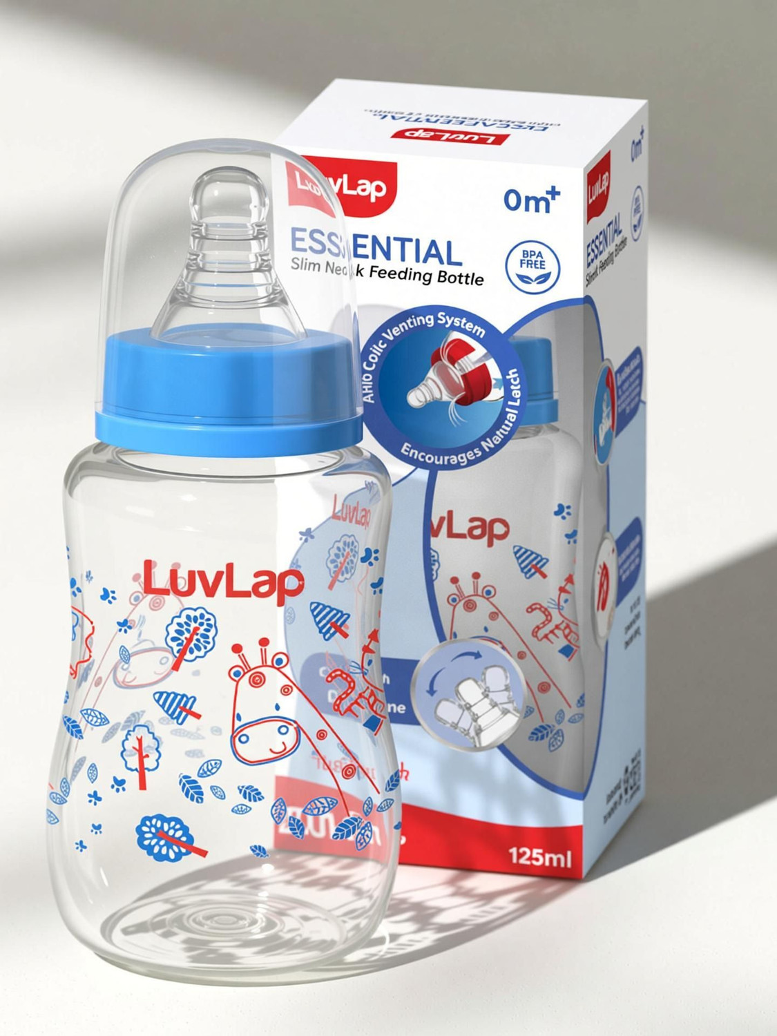 Image of LuvLap Anti-Colic Slim Neck Essential Baby Feeding Bottle, Wild Flower Design, BPA Free - 125 ml