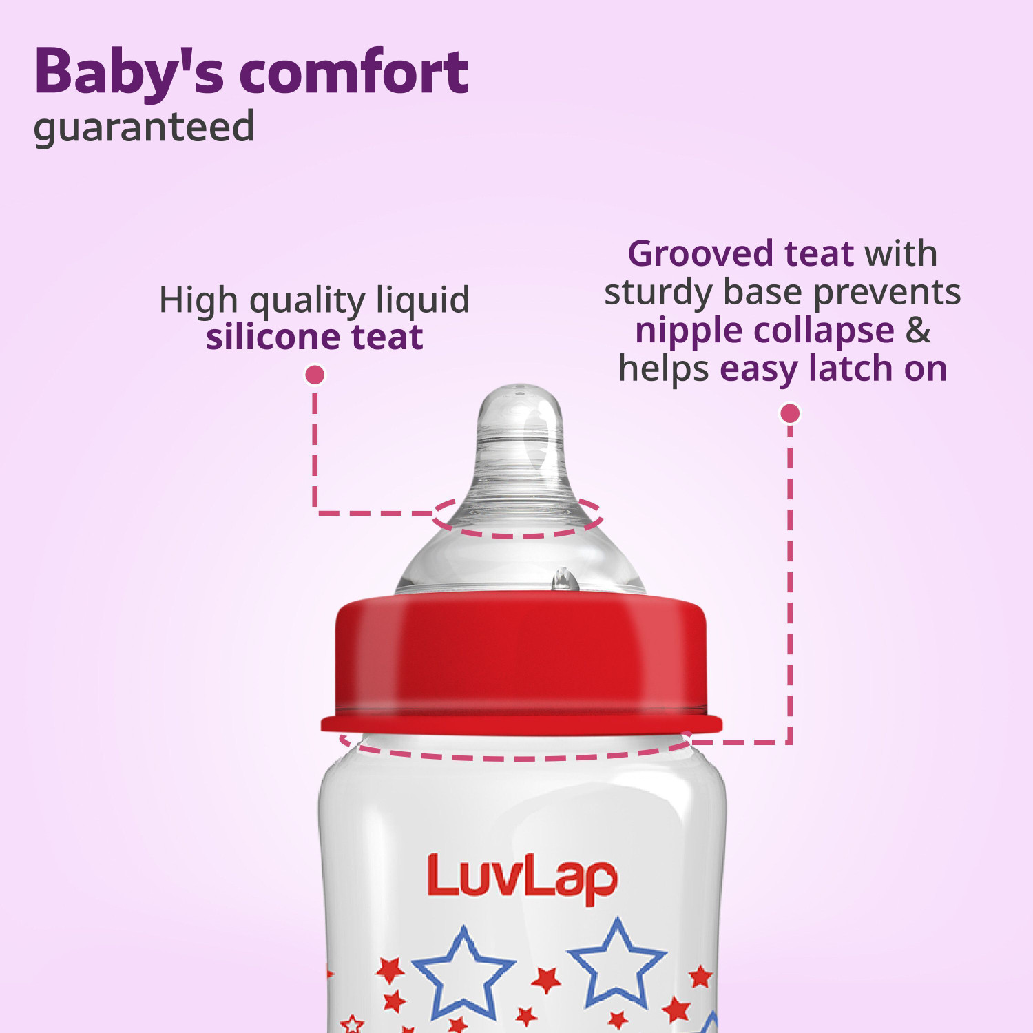 Image of LuvLap Anti-Colic Wide Neck Natural Flow Baby Feeding Bottle, Stars Design, BPA Free - 250 ml