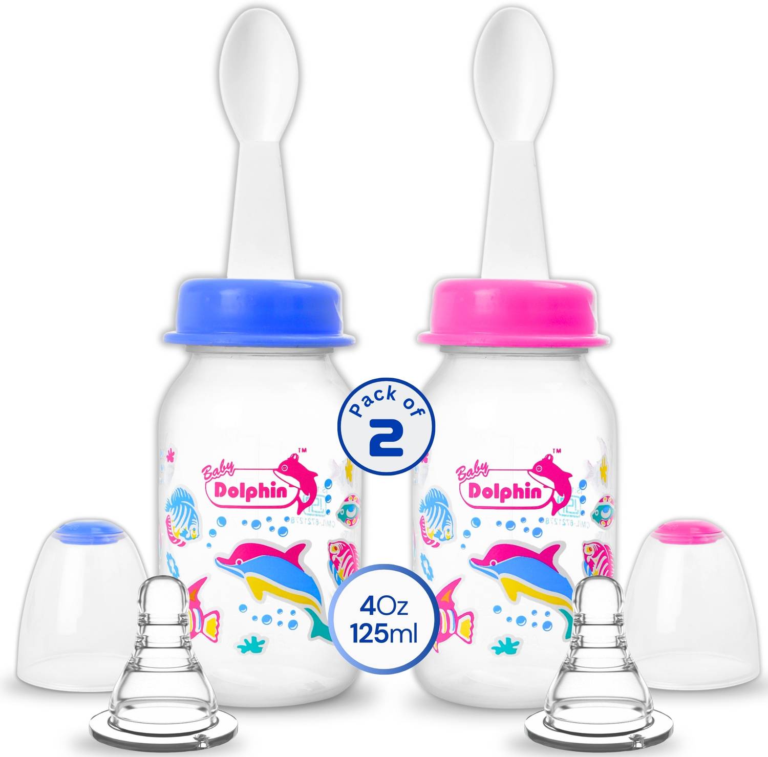 Baby Dolphin Prince 2 in 1 Baby Feeding Bottle with Spoon | Pack of 2 | BPA Free, 3m+, Fish - 125 ml