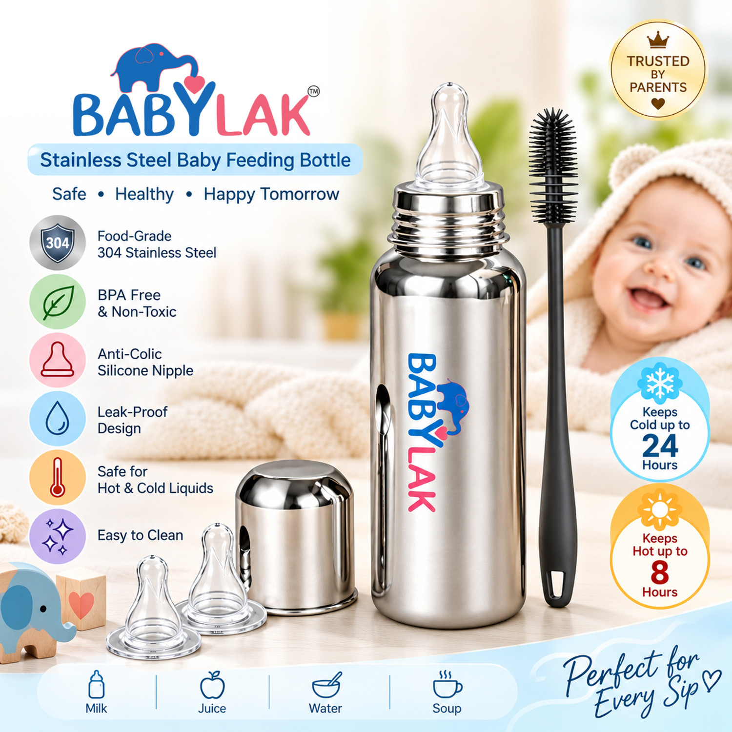 Image of babylak Steel Baby Feeding Bottle with Cleaning Brush & 2 Extra Silicone Nipples - 250 ml