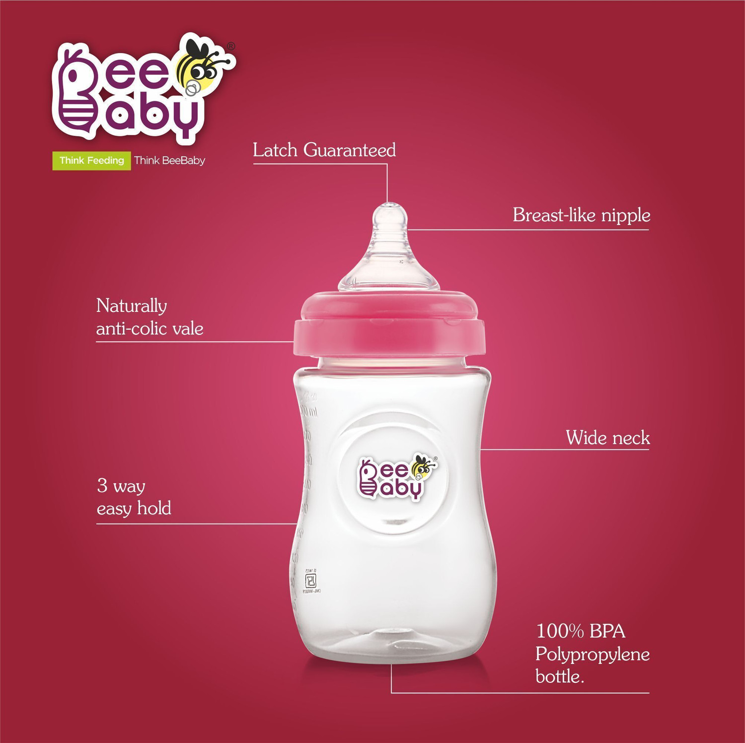 Image of Beebaby Ease Wide Neck Baby Feeding Bottle. 100 % BPA Free. (Pink) ( 300 ML / 10 Oz.) - 300 ml