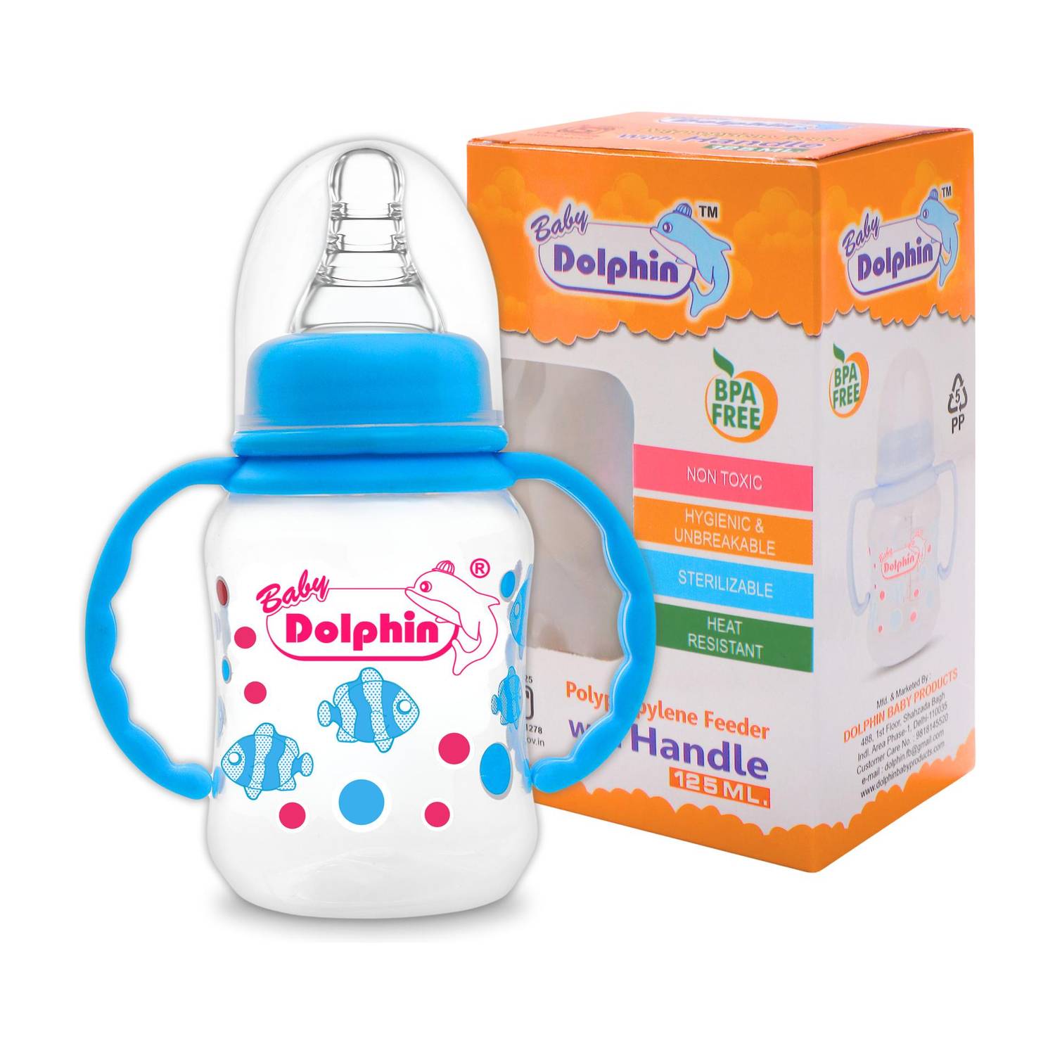 Baby Dolphin Anti-Colic Slim Neck Baby Feeding Bottle with Handle |BPA Free |Milk Bottle |3m+ - 125 ml