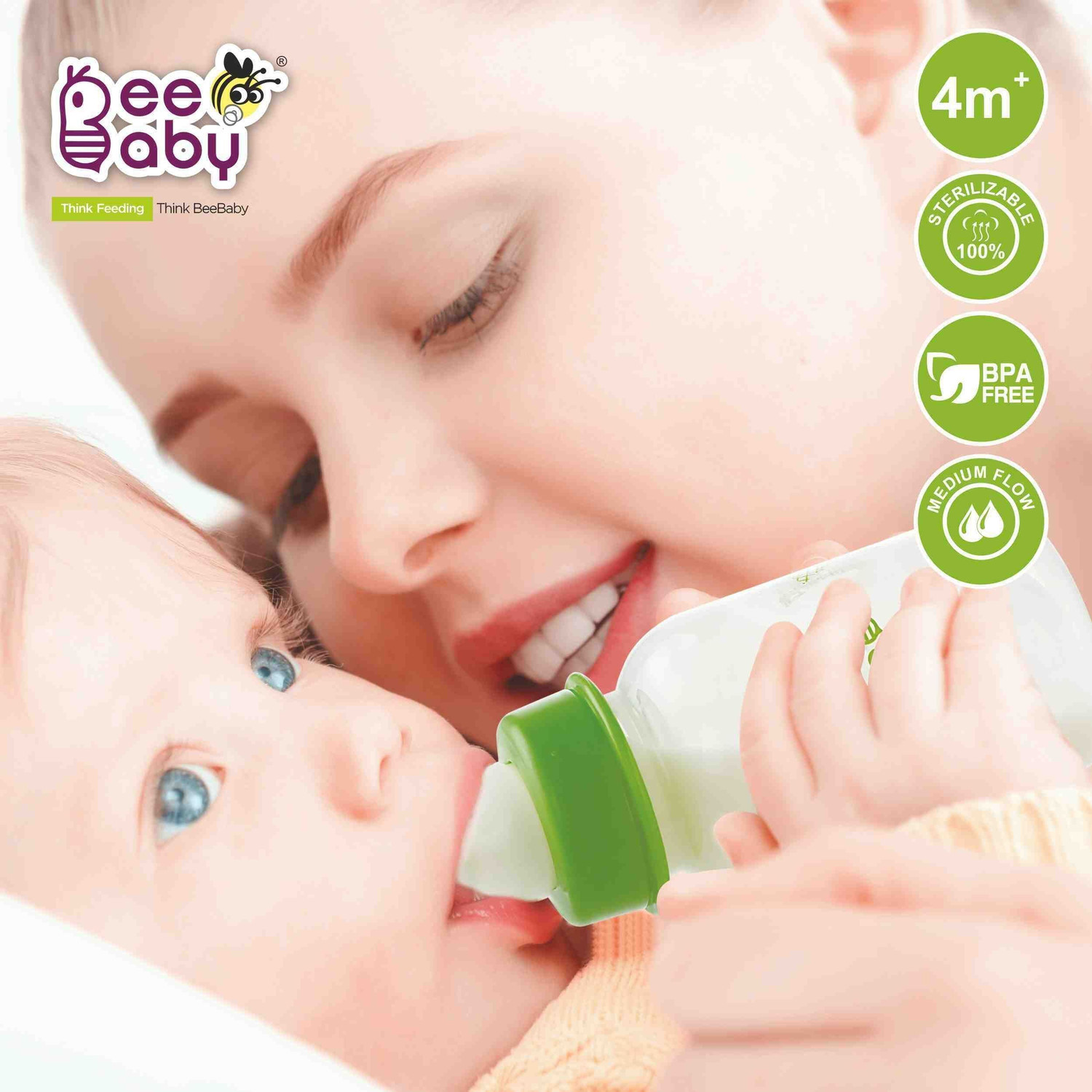 Image of Beebaby Basic Slim Neck Baby Feeding Bottle with Anti-Colic Nipple, BPA FREE, 4M+, Green - 125 ml
