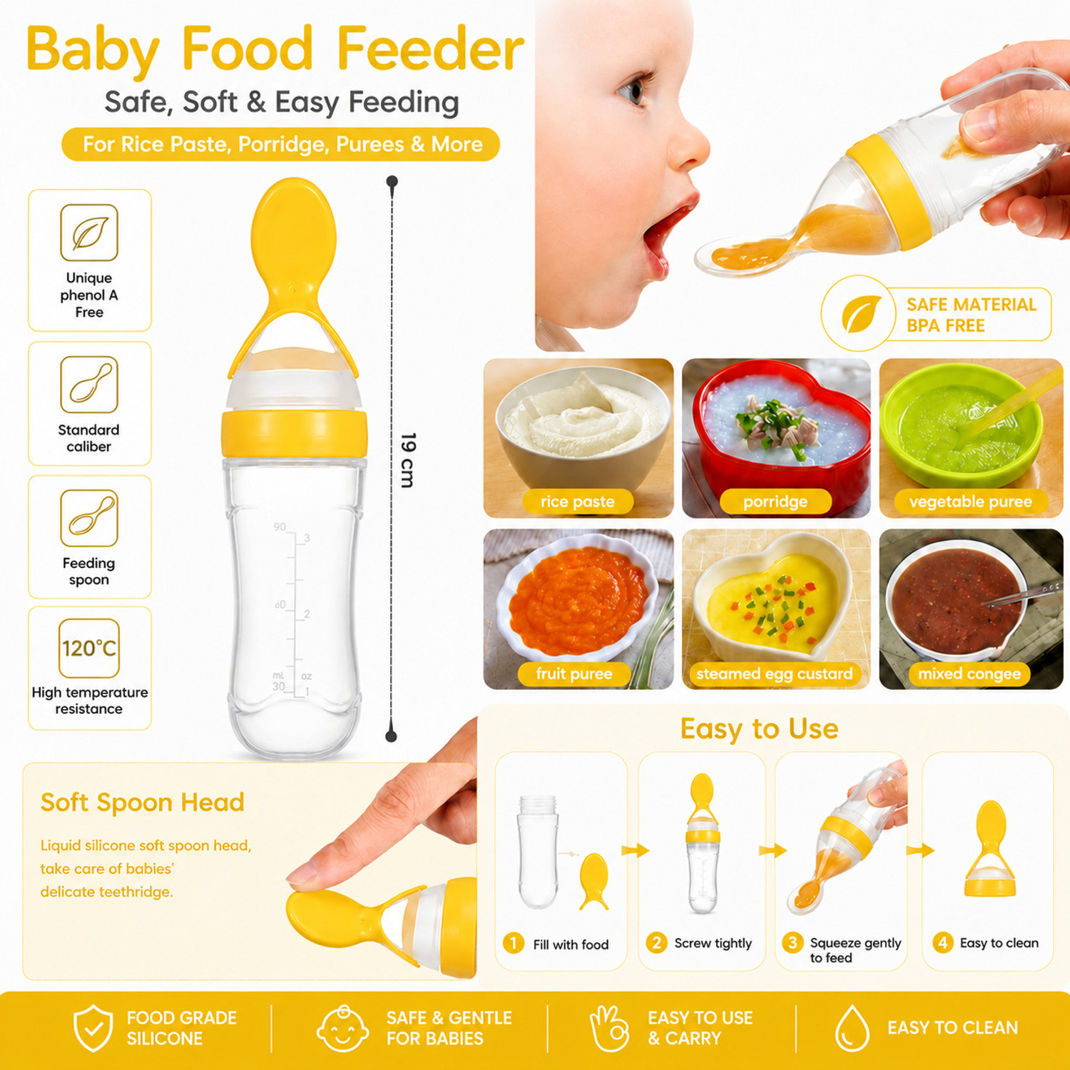 Image of saforiaa Feeding Spoon with Squeezy food Grade Silicone Feeder bottle BPA Free, 90 ml - 90 ml