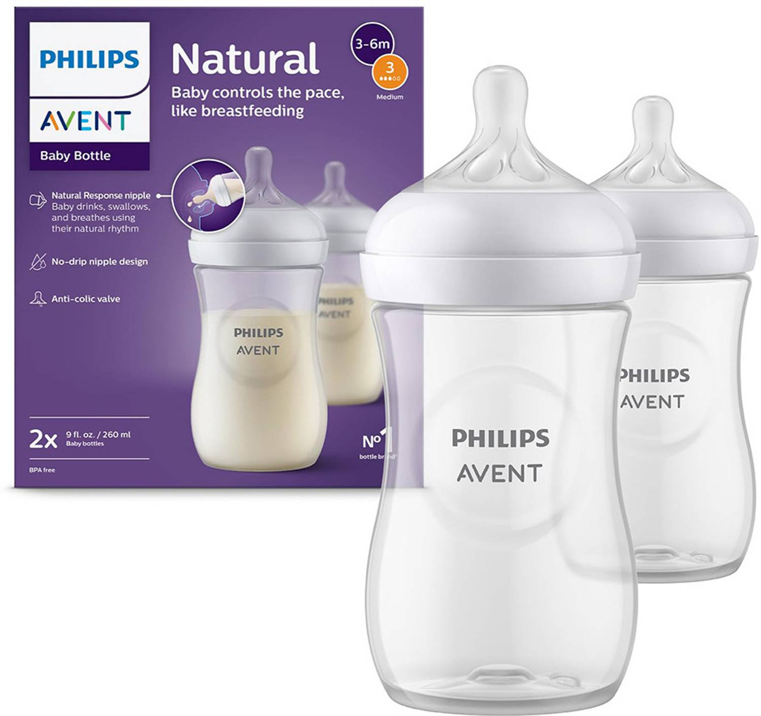 Philips Avent SCY903/02 Natural Response Baby Bottle 1-12m Flow 3 Nipple - 260 ml
