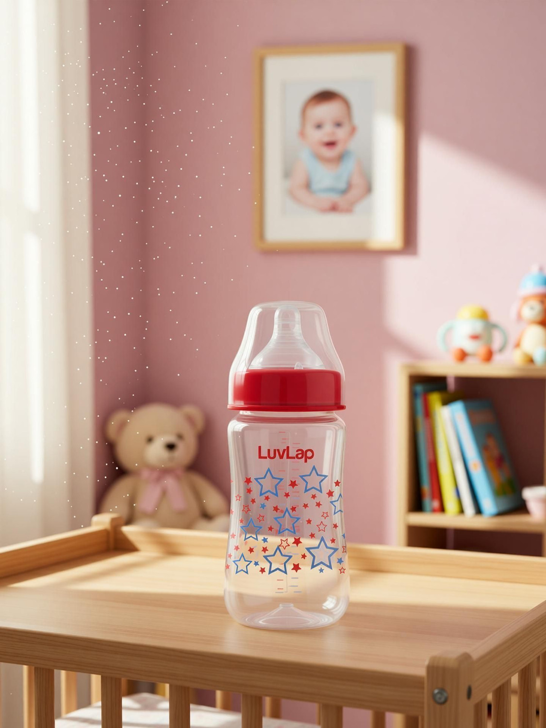 Image of LuvLap Anti-Colic Wide Neck Natural Flow Baby Feeding Bottle, Stars Design, BPA Free - 250 ml