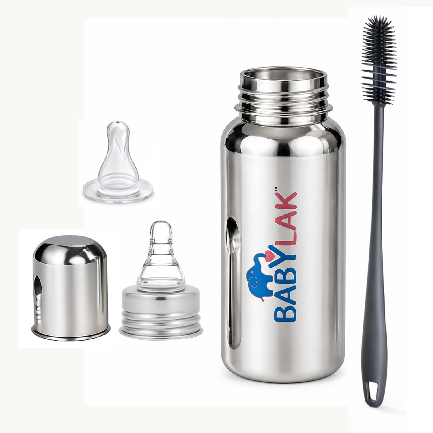 Image of babylak Steel Baby Feeding Bottle with Cleaning Brush & 2 Extra Silicone Nipples - 250 ml