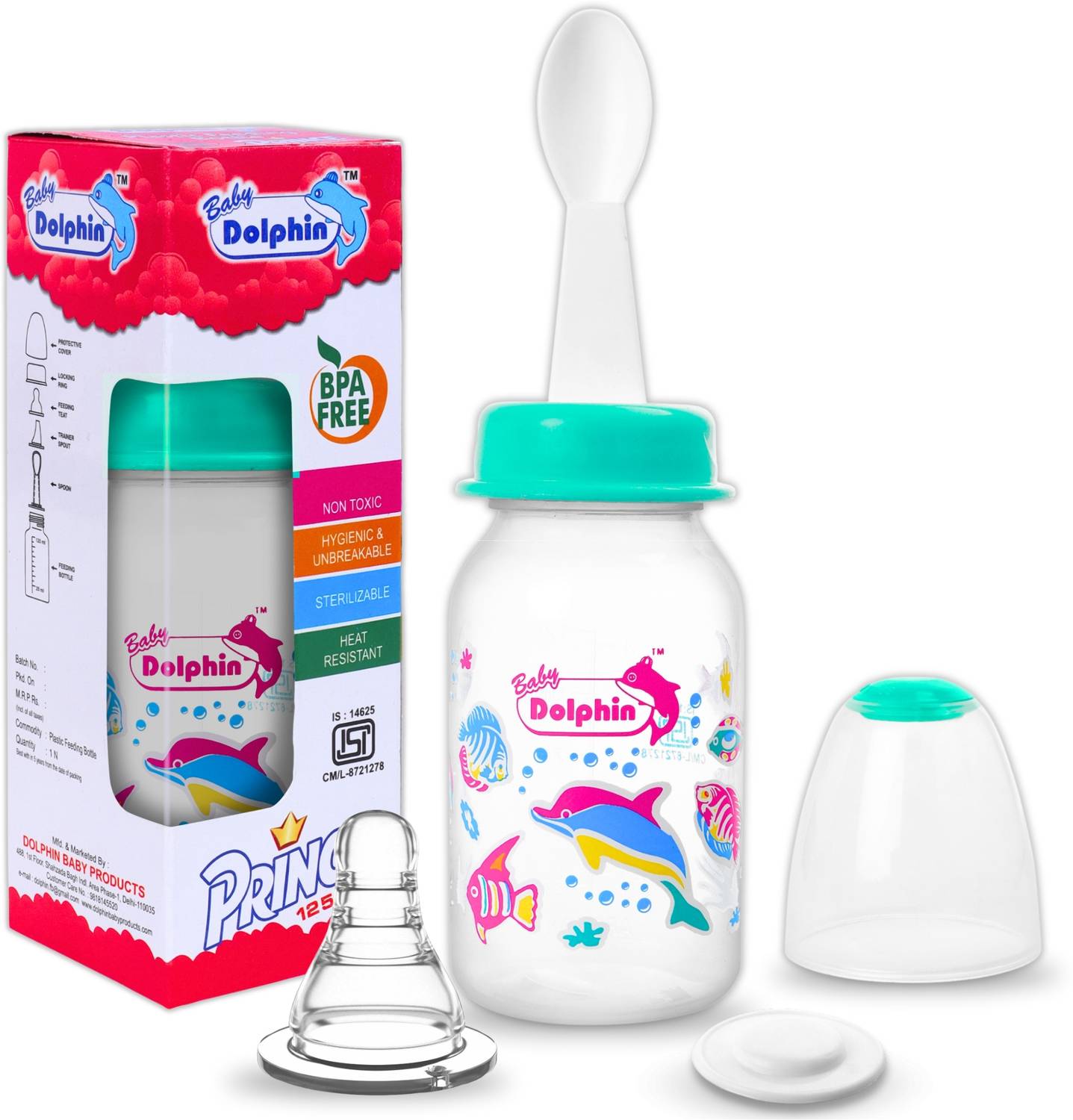 Baby Dolphin Prince 2 in 1 Baby Feeding Bottle with Spoon |Anti-Colic| BPA Free, 3m+, Fish - 125 ml
