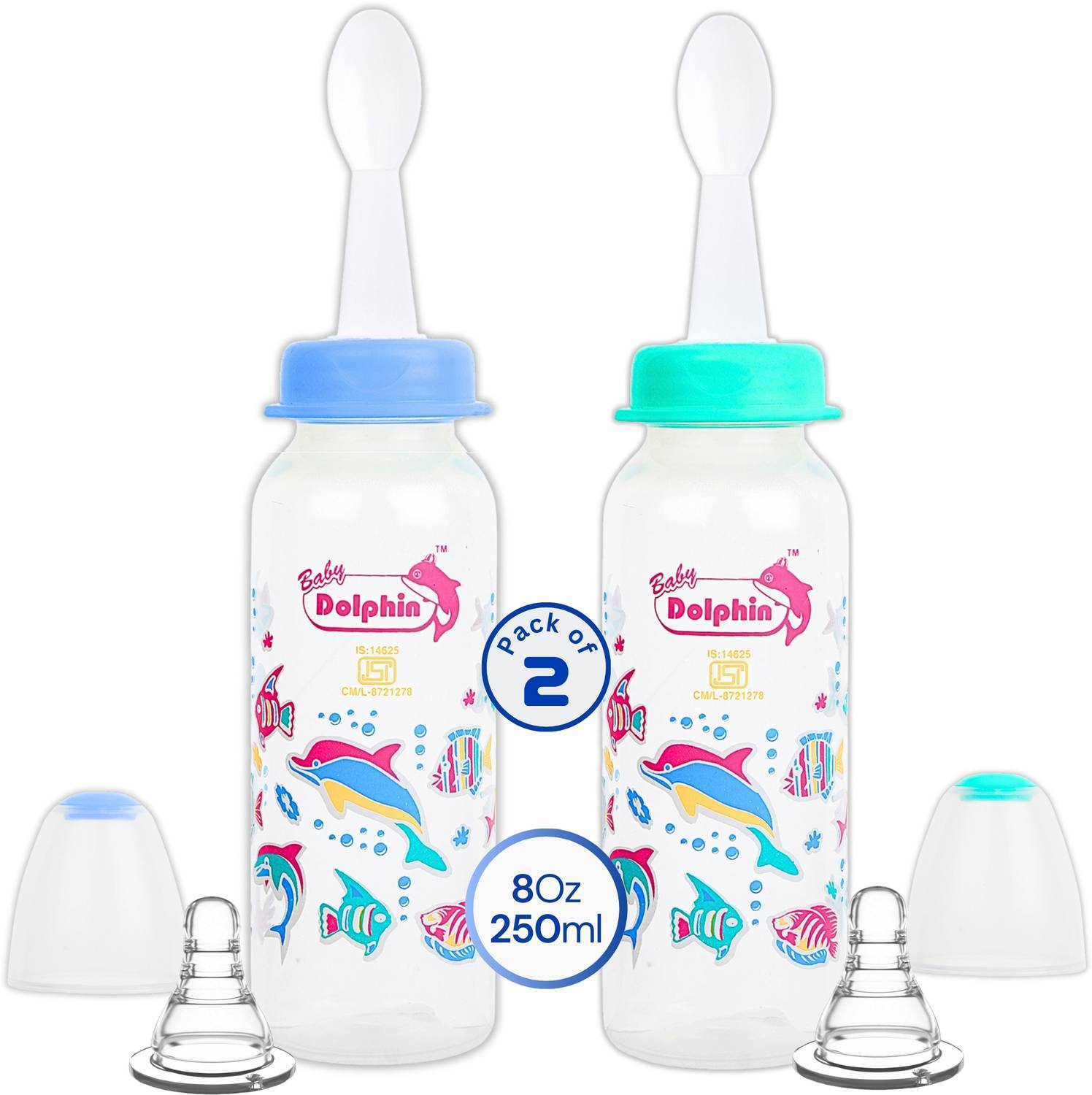 Baby Dolphin Prince 2 in 1 Baby Feeding Bottle with Spoon | Pack of 2 | BPA Free, 3m+, Fish - 250 ml