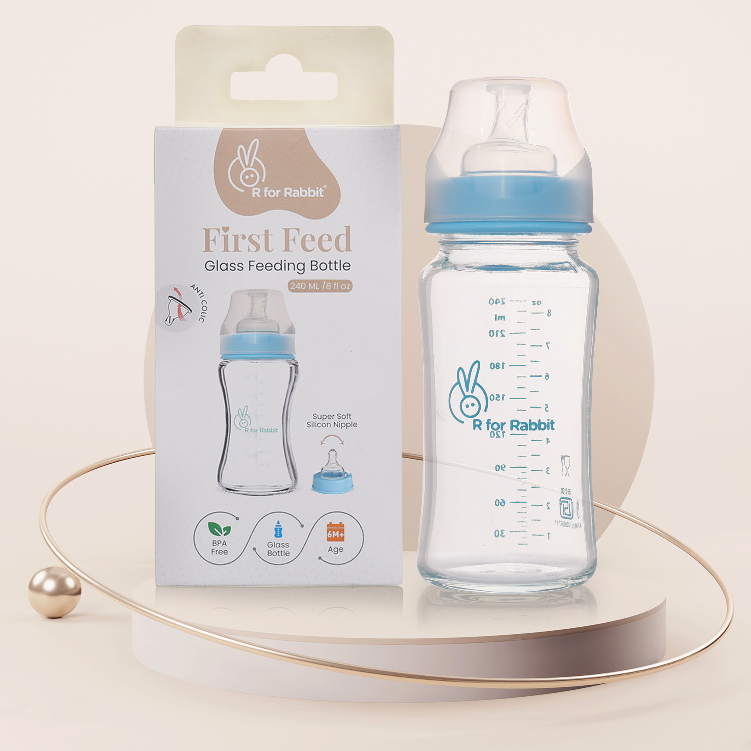 Image of R for Rabbit Anti Colic Glass Baby Feeding Bottle| Wide Neck Soft Silicone Nipple| 0+ Months| - 240 ml