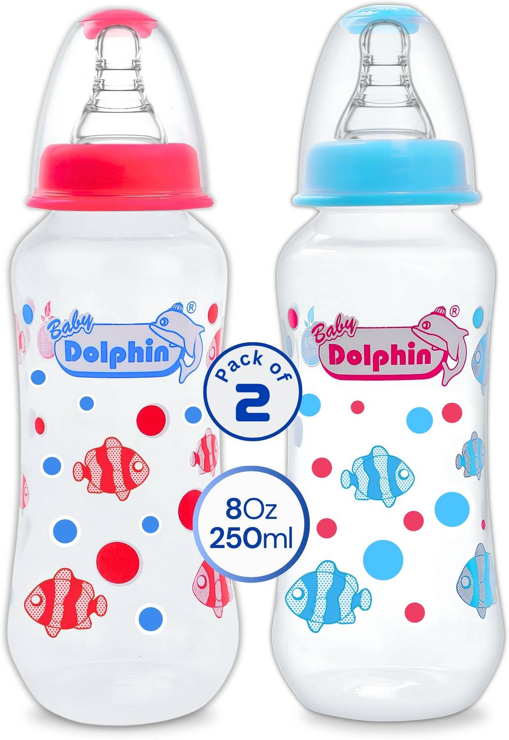 Baby Dolphin Anti-Colic Slim Neck Baby Feeding Bottle | Pack of 2 | BPA Free | 3m+, Fish - 250 ml