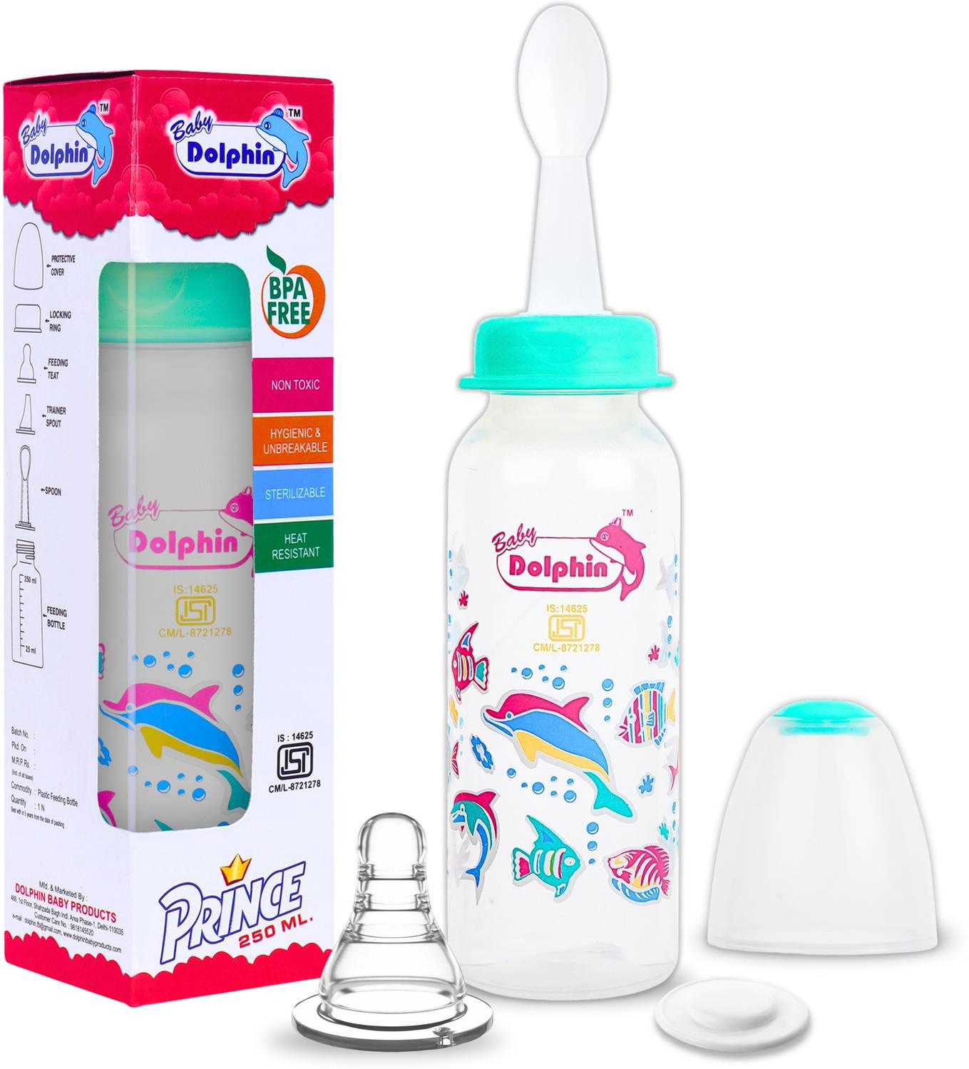 Baby Dolphin Prince 2 in 1 Baby Feeding Bottle with Spoon |Anti-Colic| BPA Free, 3m+, Fish - 250 ml