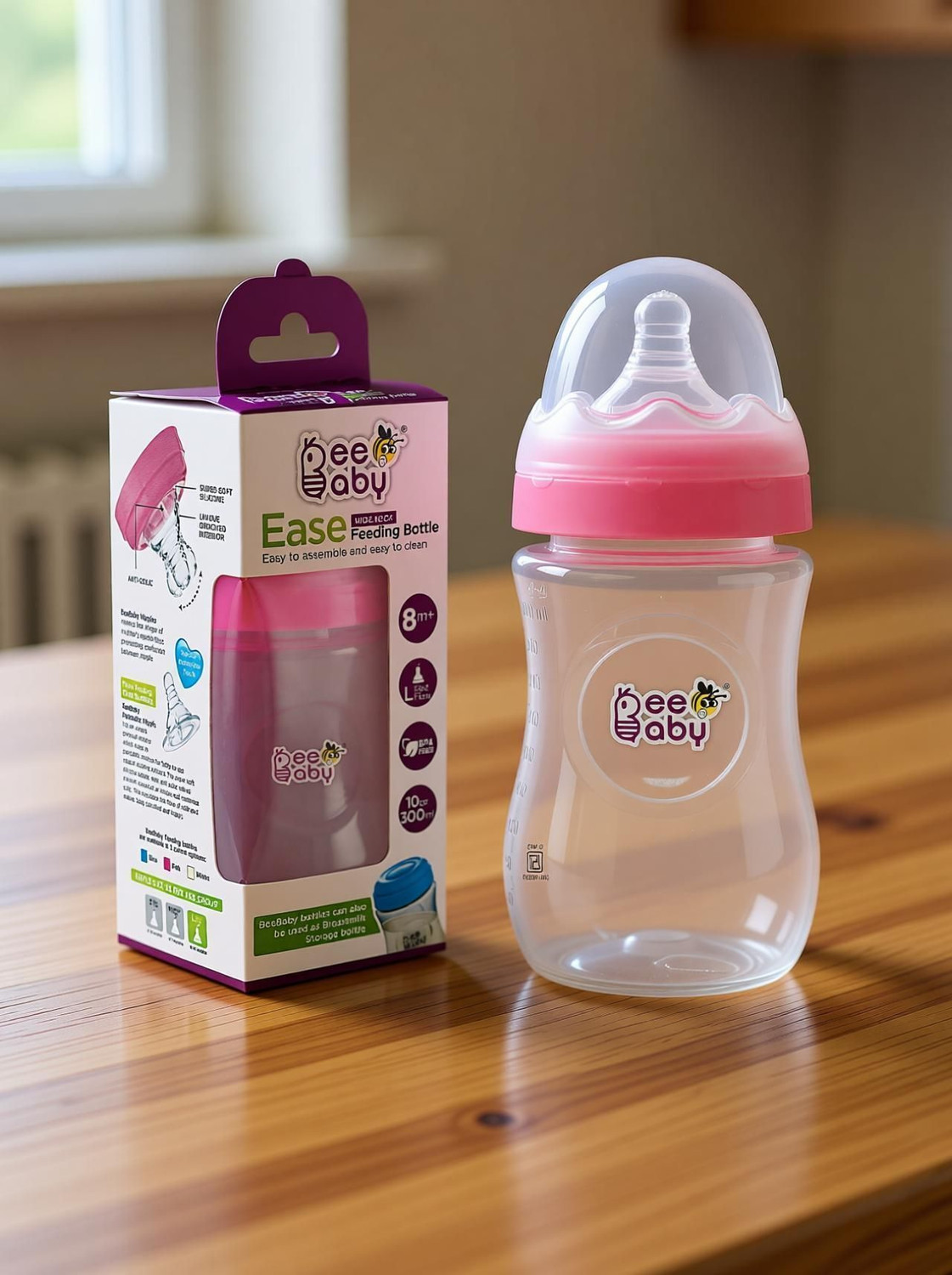 Image of Beebaby Ease Wide Neck Baby Feeding Bottle. 100 % BPA Free. (Pink) ( 300 ML / 10 Oz.) - 300 ml