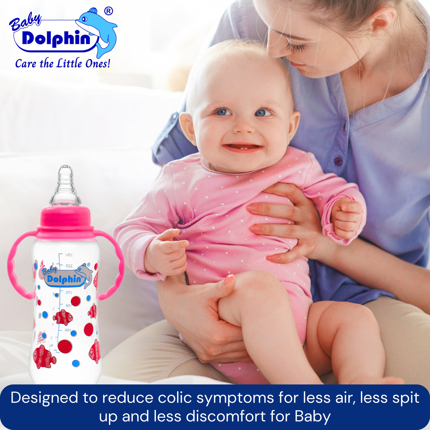 Image of Baby Dolphin Anti-Colic Slim Neck Baby Feeding Bottle with Handle | BPA Free | 3m+, Fish - 250 ml