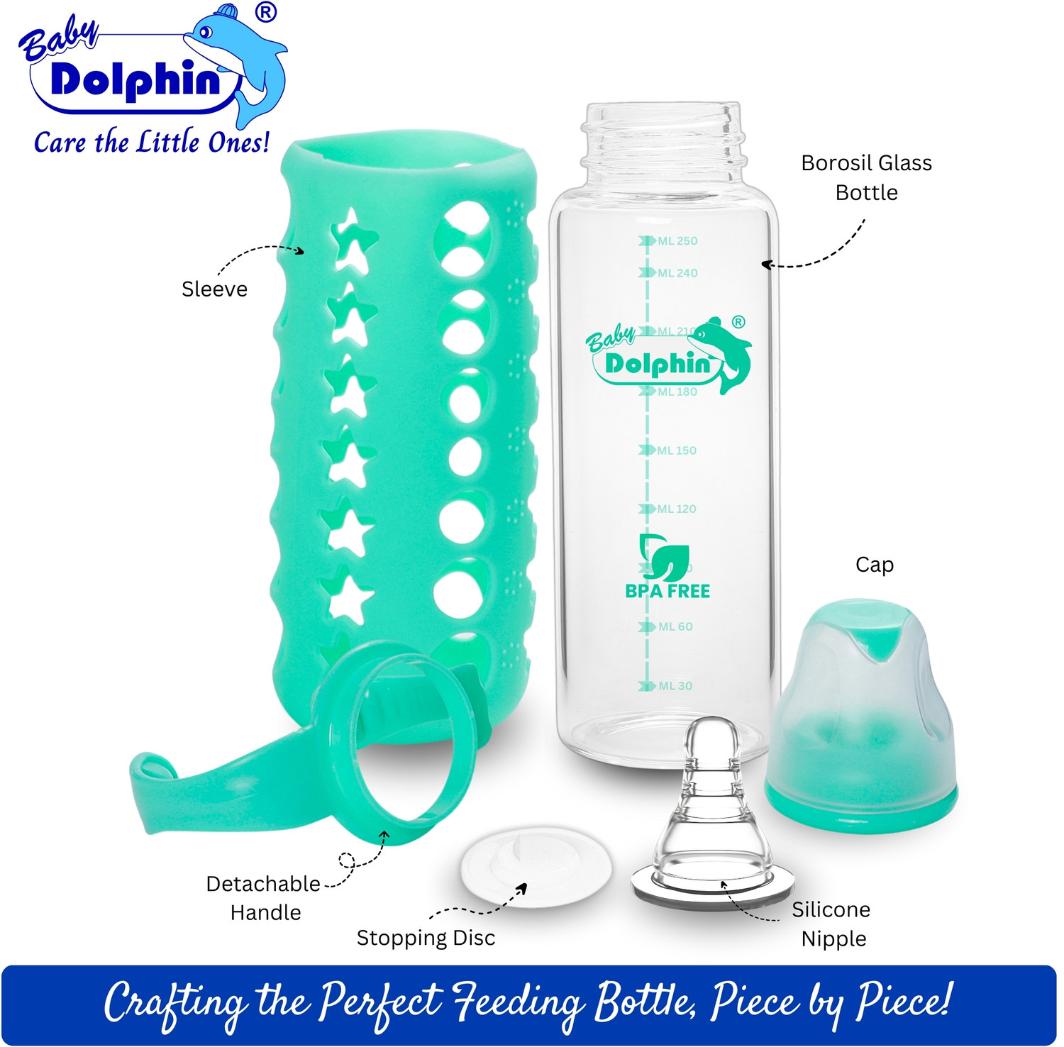 Image of Baby Dolphin Anti-Colic Borosil Glass Feeding Bottle with Handle & Sleeve, Bpa Free - 250 ml