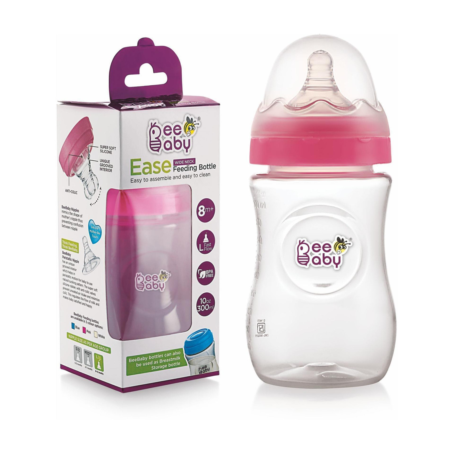 Image of Beebaby Ease Wide Neck Baby Feeding Bottle. 100 % BPA Free. (Pink) ( 300 ML / 10 Oz.) - 300 ml