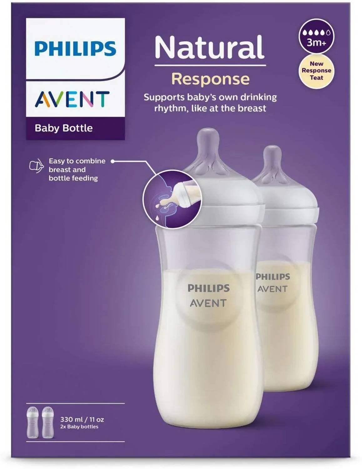 PHILIPS Natural Response Baby Bottle SCY906/02 |3m+ age | BPA free | Pack of 2 - 330 ml