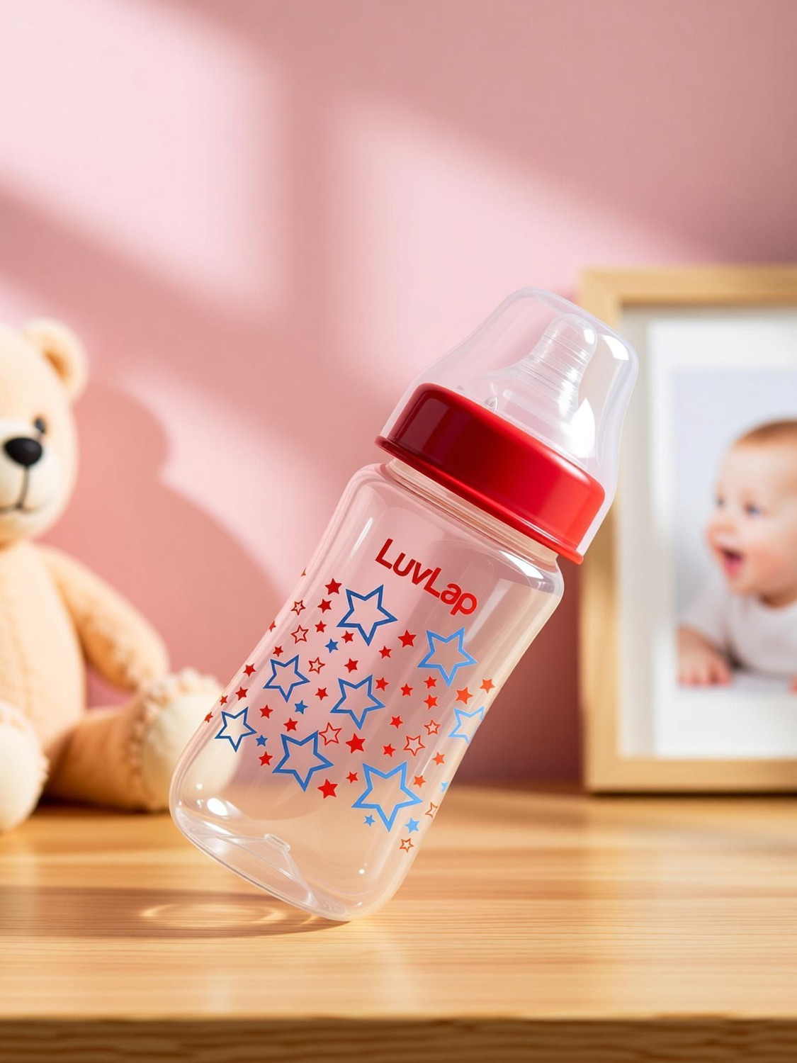 Image of LuvLap Anti-Colic Wide Neck Natural Flow Baby Feeding Bottle, Stars Design, BPA Free - 250 ml