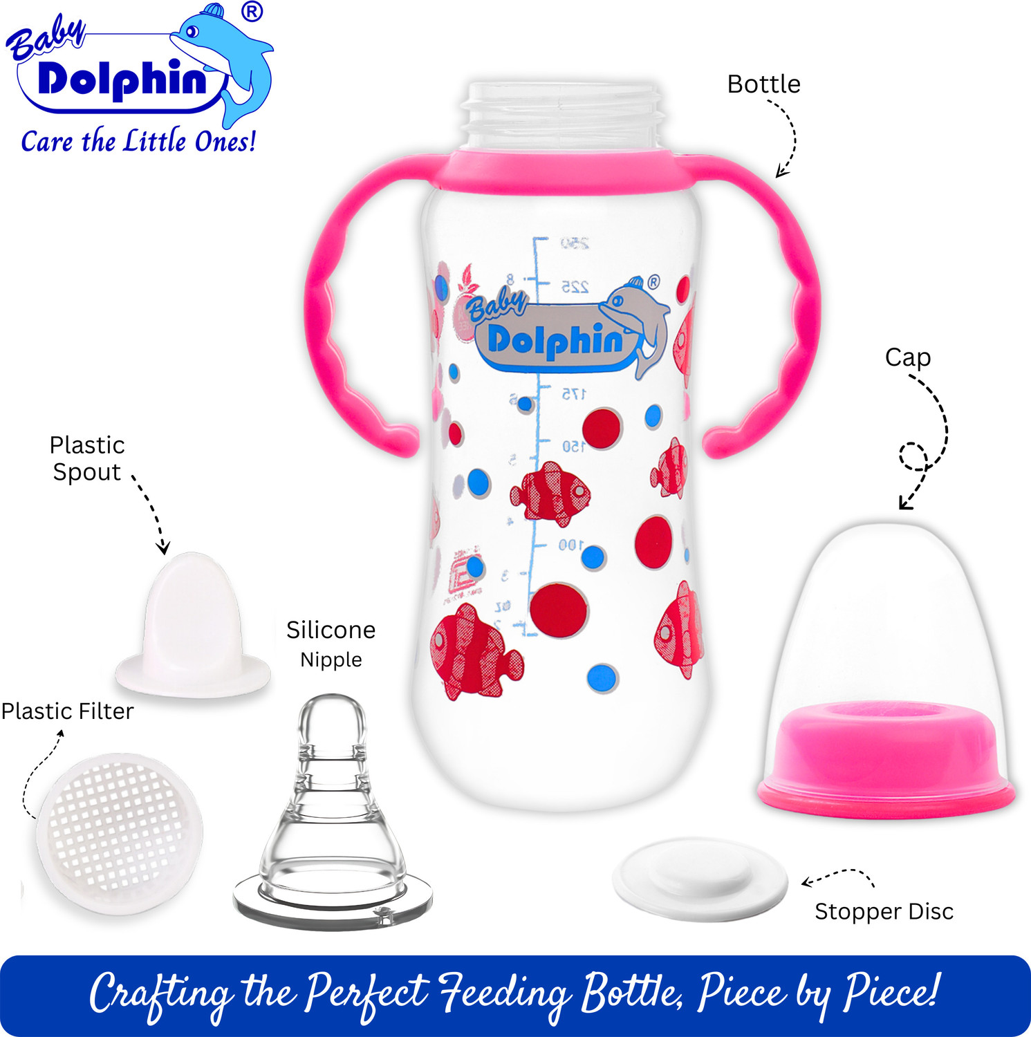 Image of Baby Dolphin Anti-Colic Slim Neck Baby Feeding Bottle with Handle | BPA Free | 3m+, Fish - 250 ml