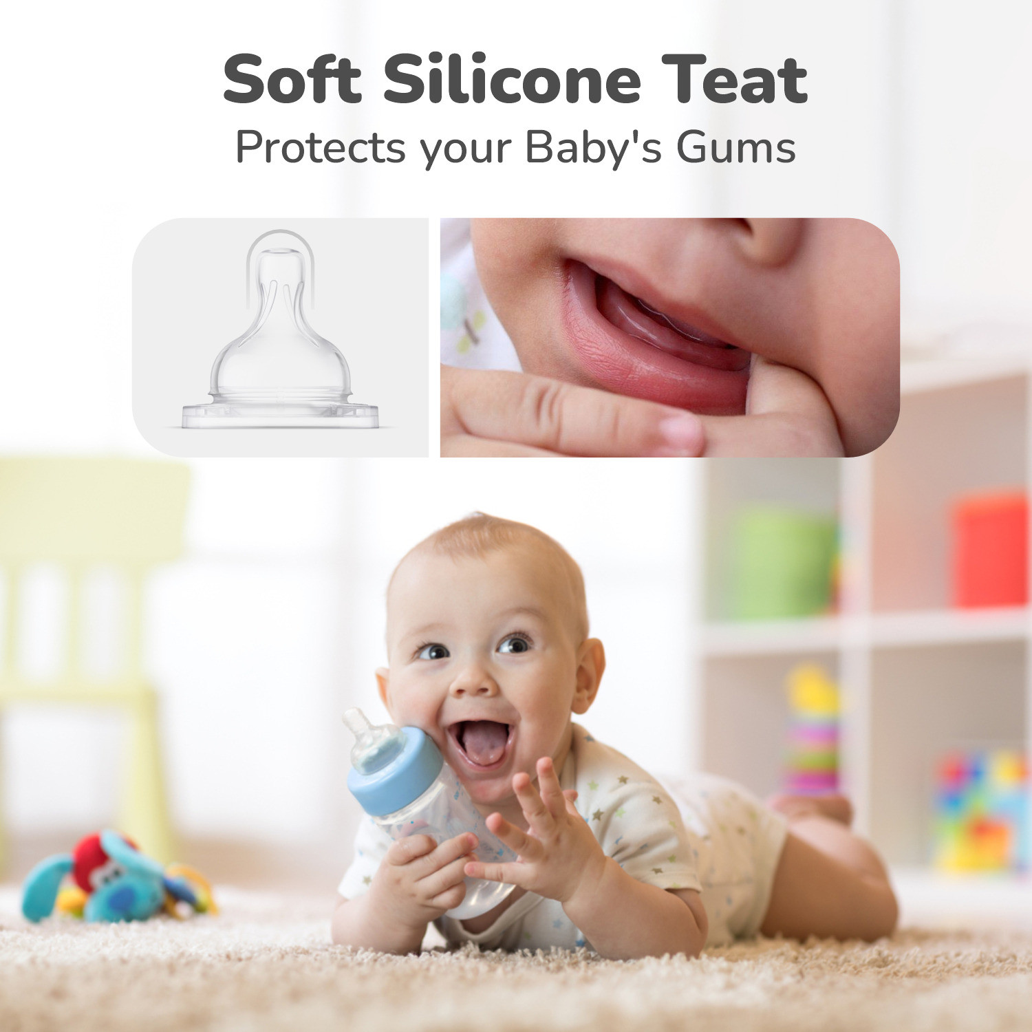 Image of R for Rabbit Anti Colic Glass Baby Feeding Bottle| Wide Neck Soft Silicone Nipple| 0+ Months| - 240 ml
