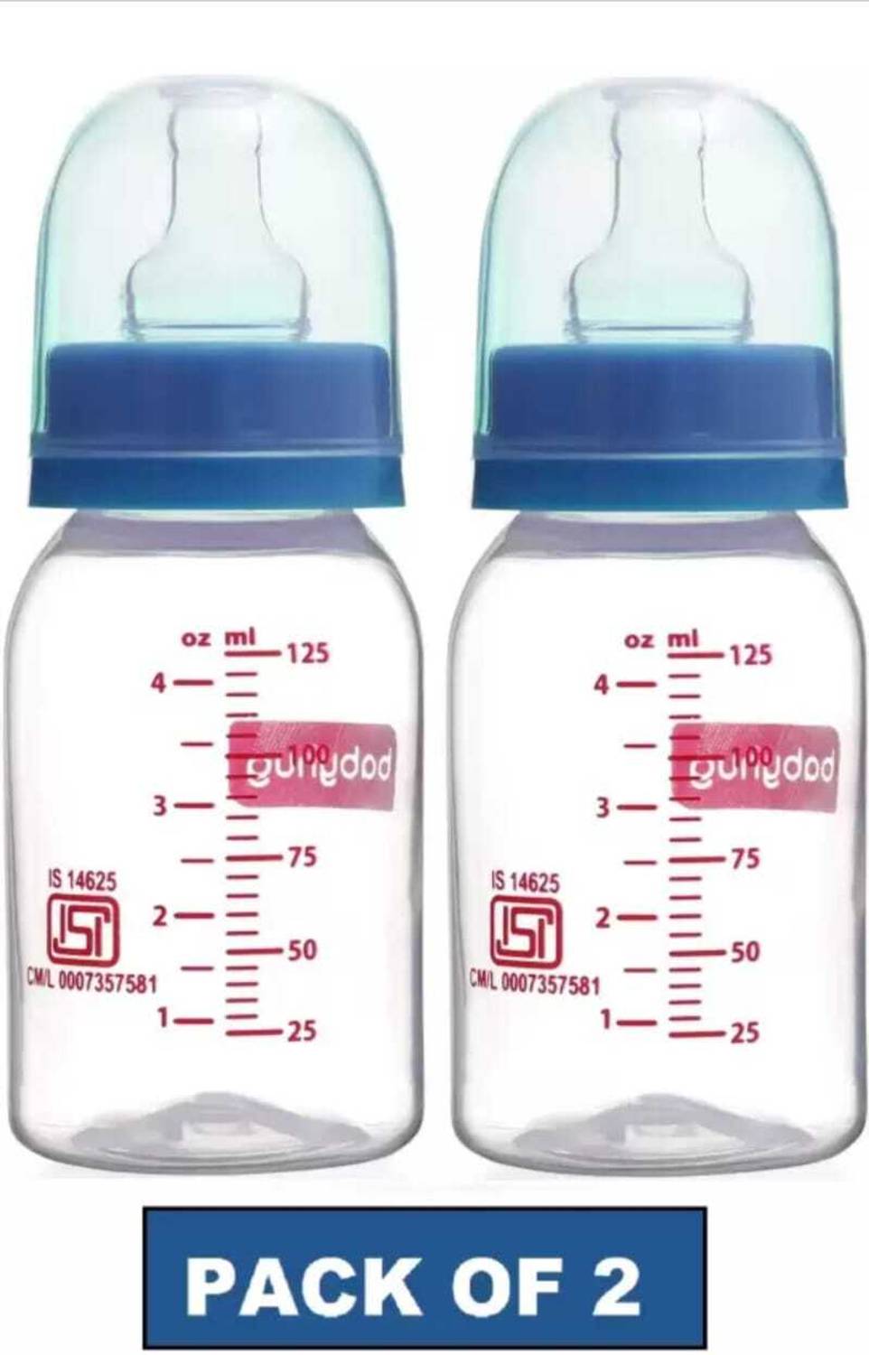 babyhug GLASS Feeding Bottle Round Shape Silicone Nipple Blue - (125ml X2) ( Pack of 2) - 250 ml