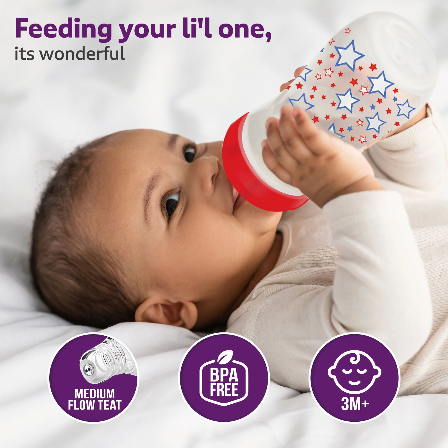 Image of LuvLap Anti-Colic Wide Neck Natural Flow Baby Feeding Bottle, Stars Design, BPA Free - 250 ml