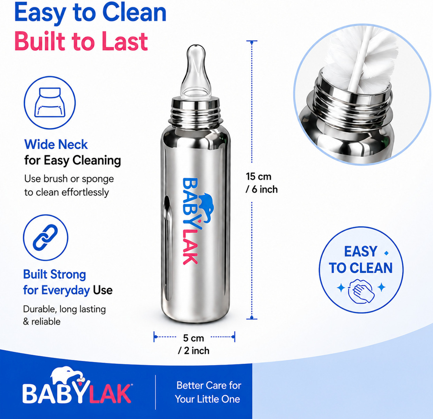 Image of babylak Steel Baby Feeding Bottle with Cleaning Brush & 2 Extra Silicone Nipples - 250 ml