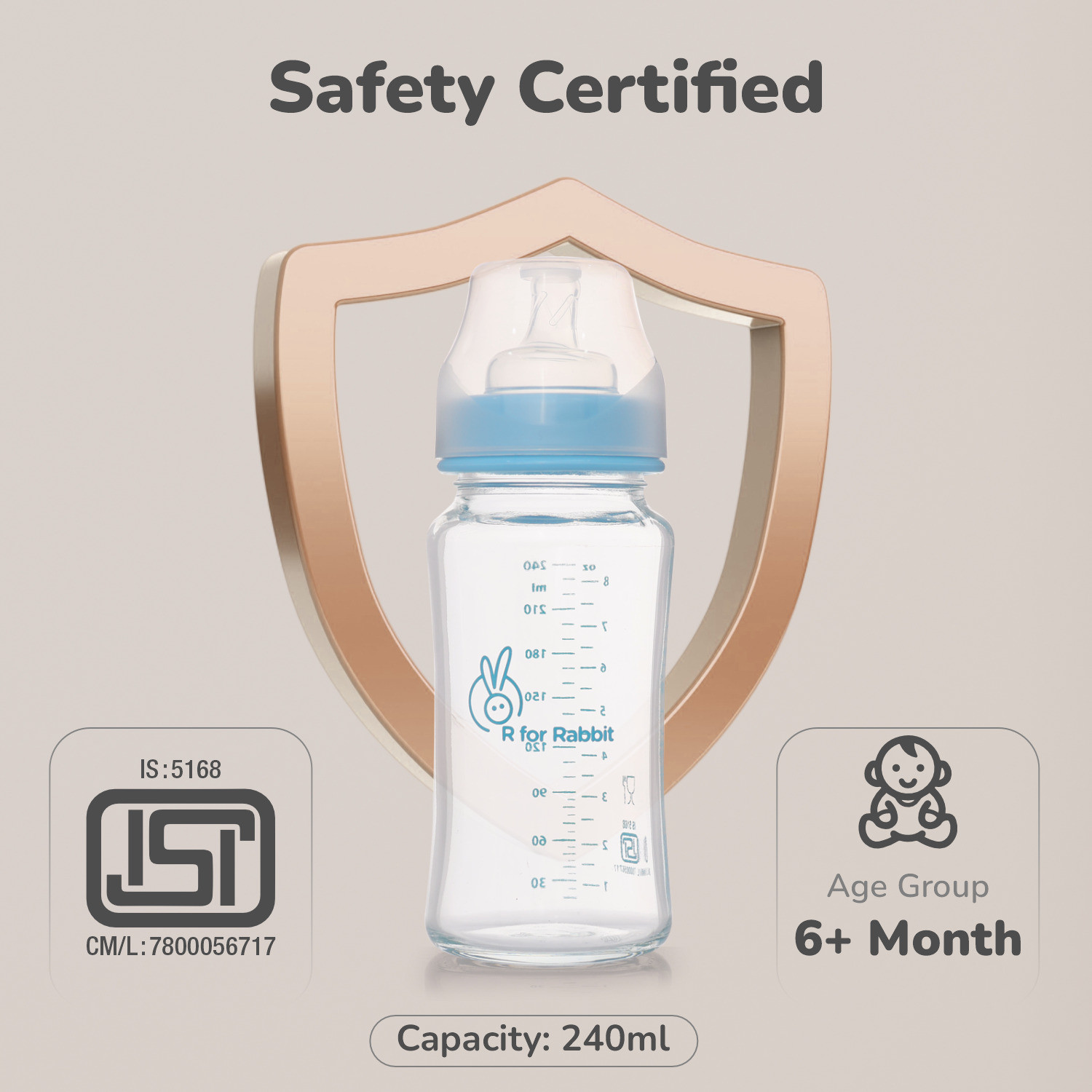 Image of R for Rabbit Anti Colic Glass Baby Feeding Bottle| Wide Neck Soft Silicone Nipple| 0+ Months| - 240 ml
