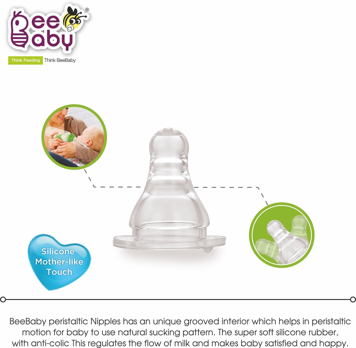 Image of Beebaby Basic Slim Neck Baby Feeding Bottle with Anti-Colic Nipple, BPA FREE, 8M+ -Green - 250 ml