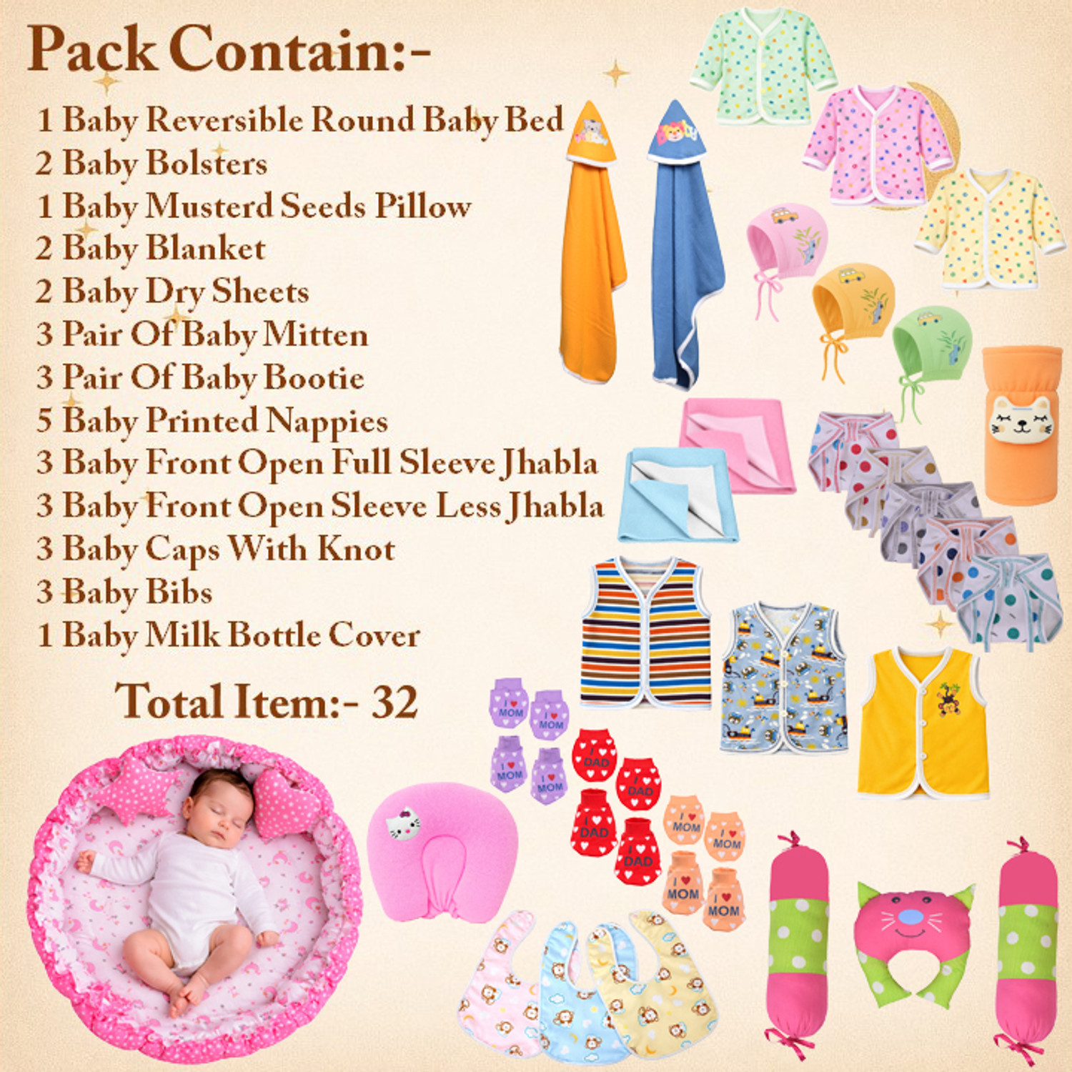 Image of Toddylon New Born Baby Reversible Bed & Daily Essential Items Combo (0-6 Month)