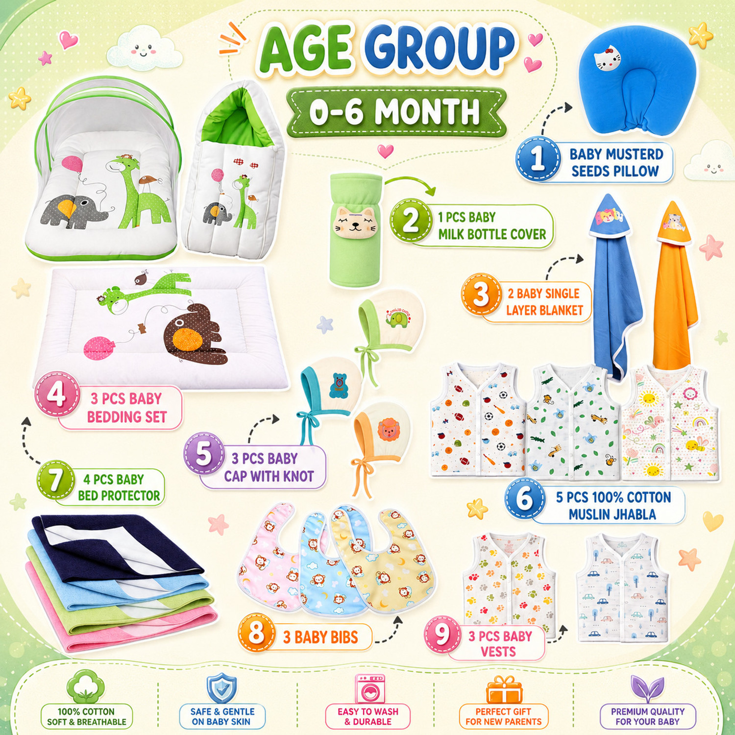Image of Toddylon New Born Baby Bedding & Clothing 54 Items Combo Pack
