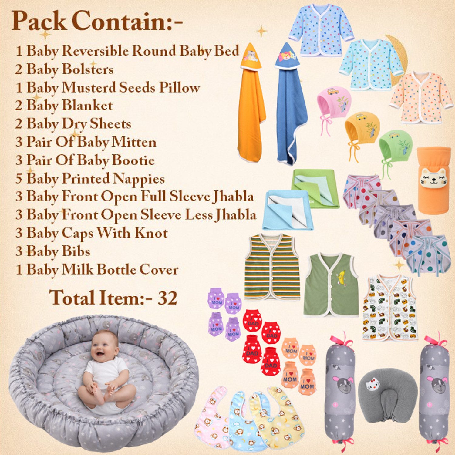 Image of Toddylon New Born Baby Reversible Bed & Daily Essential Items Combo (0-6 Month)