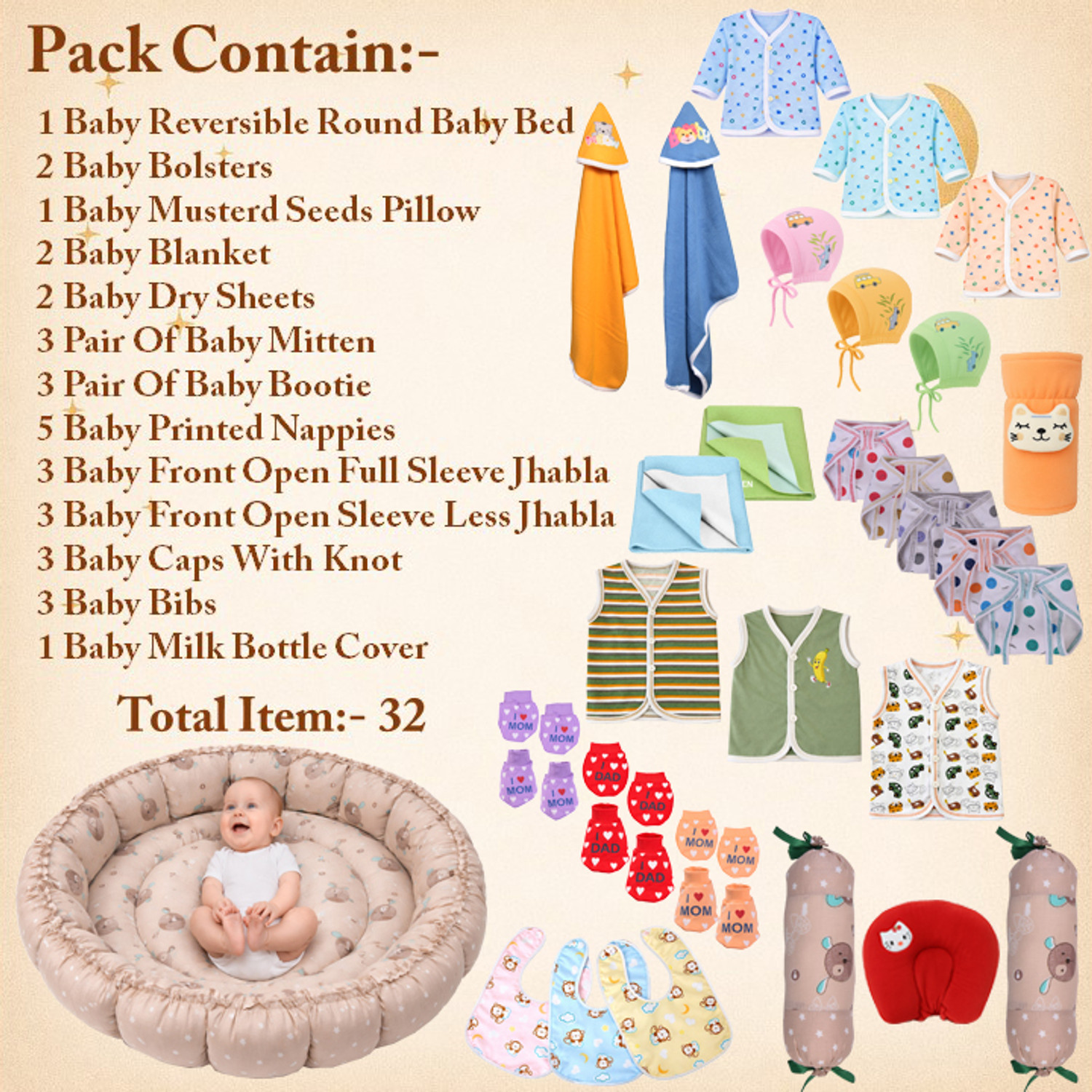 Image of Kwitchy New Born Baby Reversible Bed & Clothing Set Combo(0-6 Month)