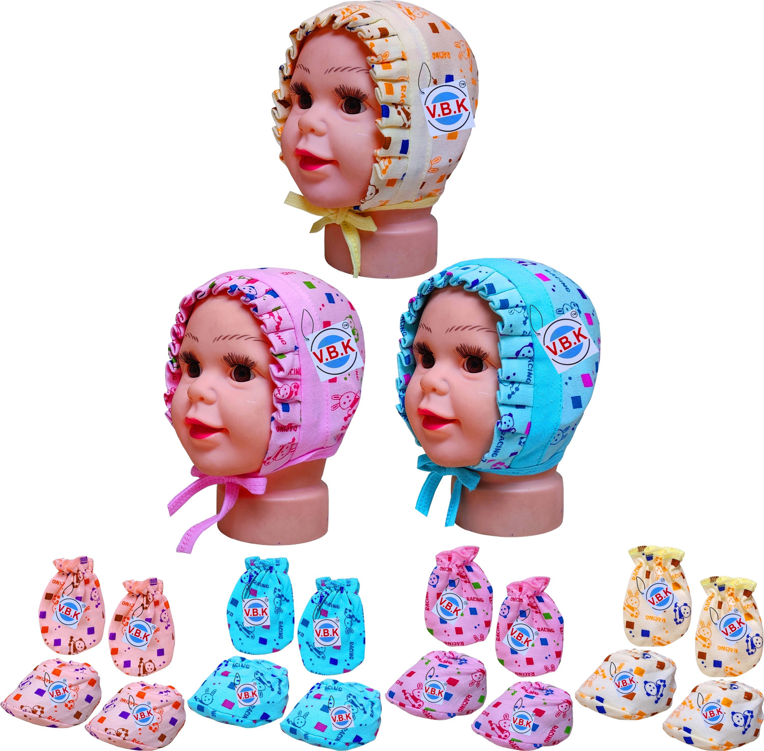 Image of V.B.K Baby Boy and Baby Girl Mitten Booties and Cap Set, 0 to 6 Months, Hosiery Fabric