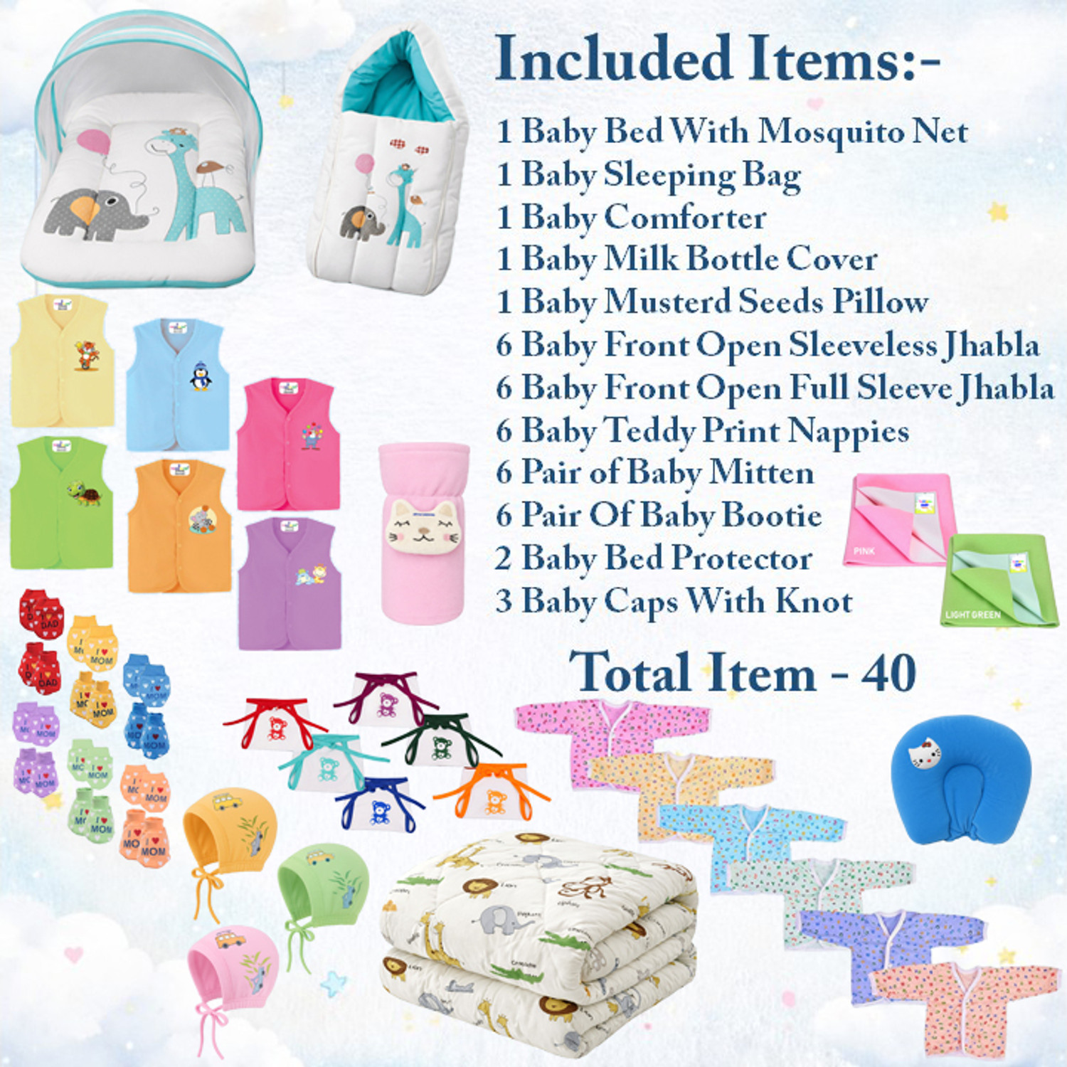 Image of Toddylon New Born Baby 40 Items In 1 Combo Pack (0-6 Month)