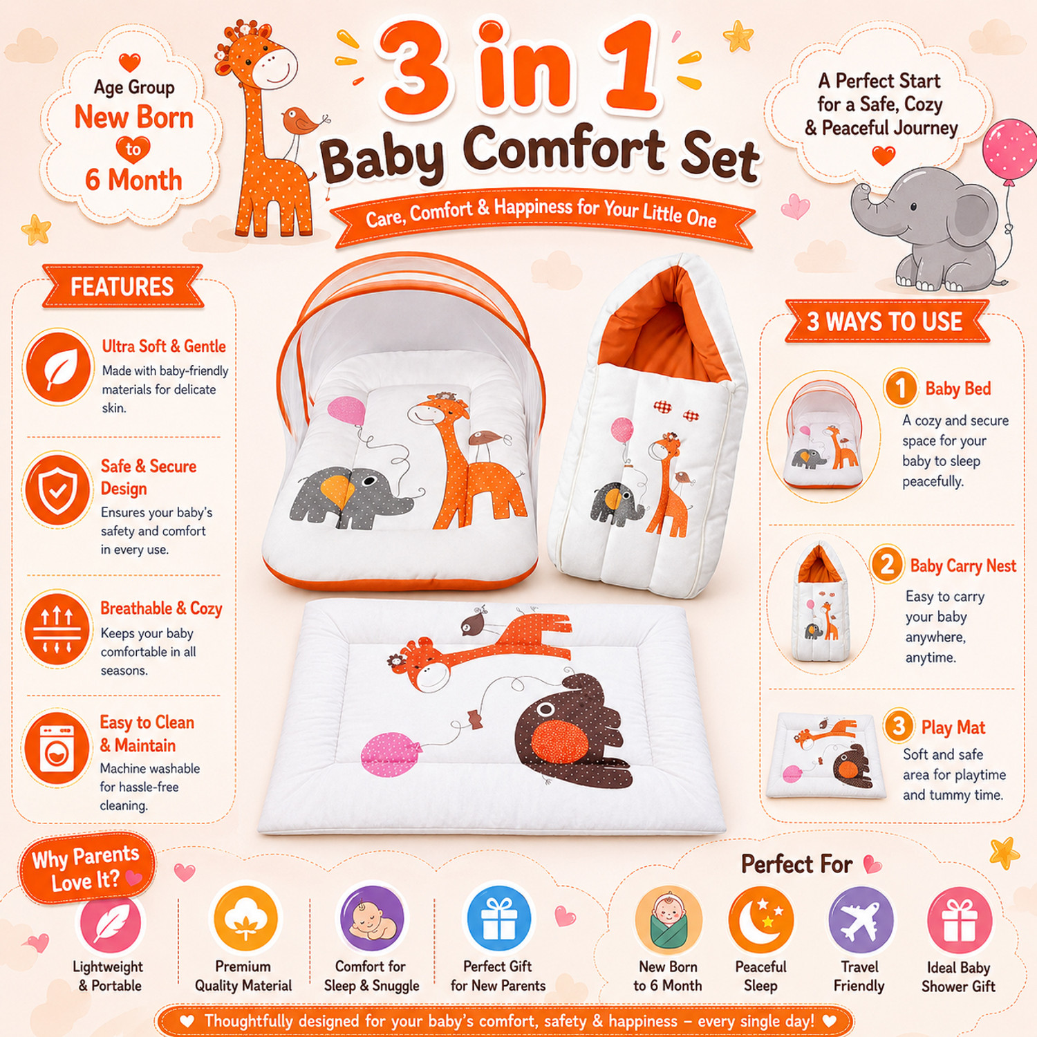 Image of Toddylon New Born Baby Daily Essential 3PCS Bedding Combo Pack(0-6 Month)
