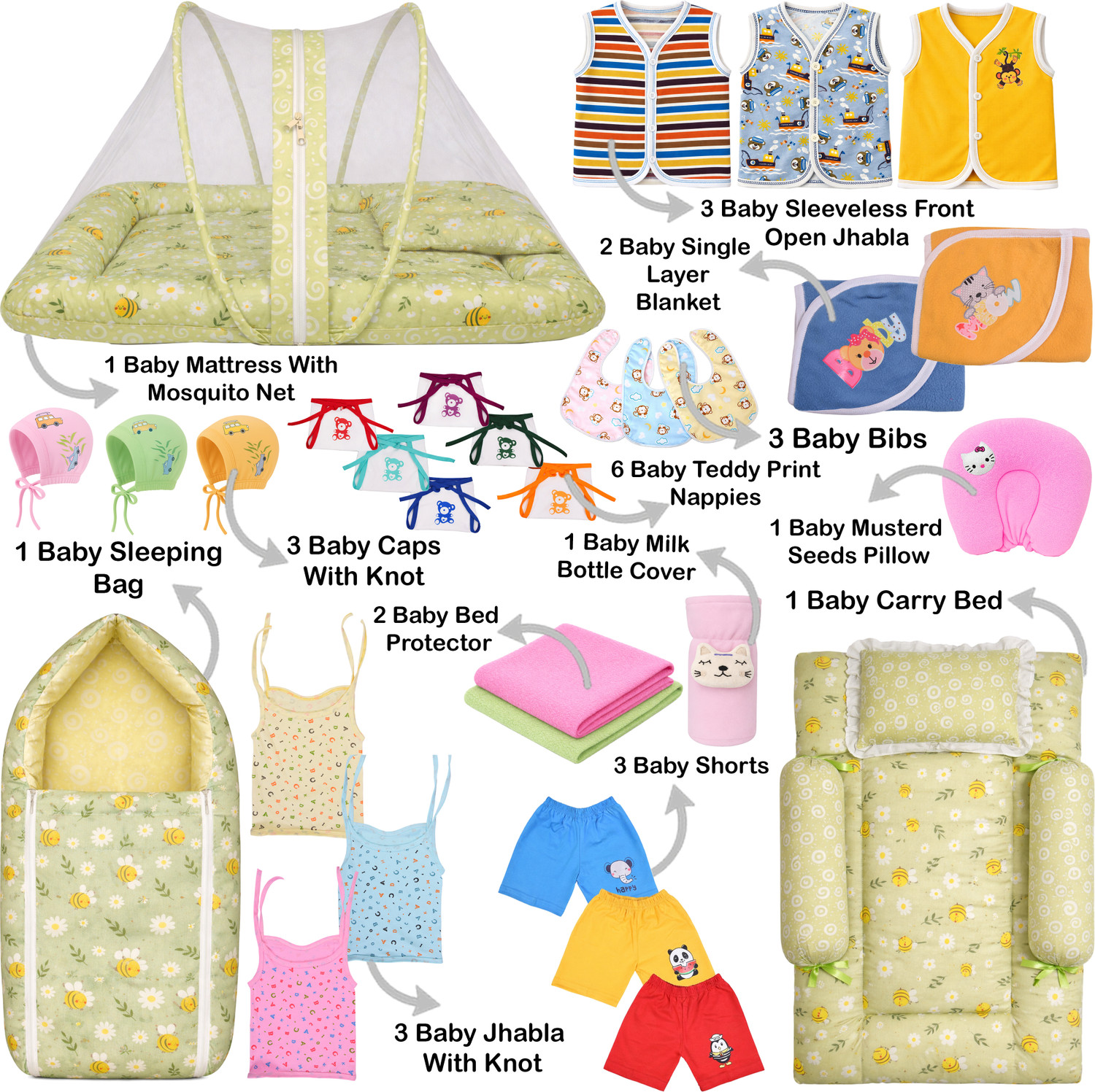Image of Toddylon Baby Summer Combo Set with Mosquito Net, Clothes & Essentials Kit for Newborn