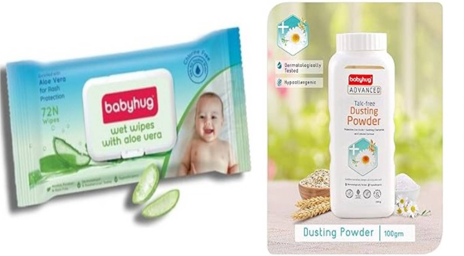 babyhug Wet Wipes with Aloe Vera - 72 Wipes per Packet, Talc-Free Dusting Powder 100 Gm