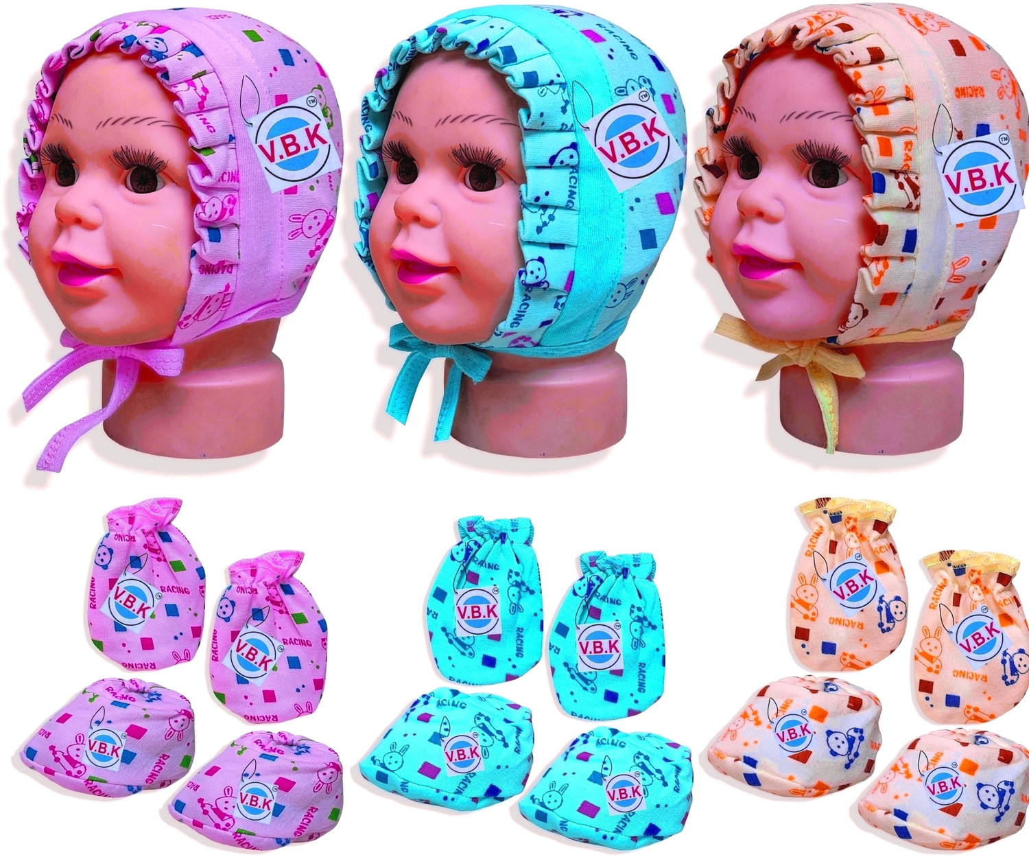 Image of V.B.K Baby Boy and Baby Girl Mitten Booties and Cap Set, 0 to 6 Months, Hosiery Fabric