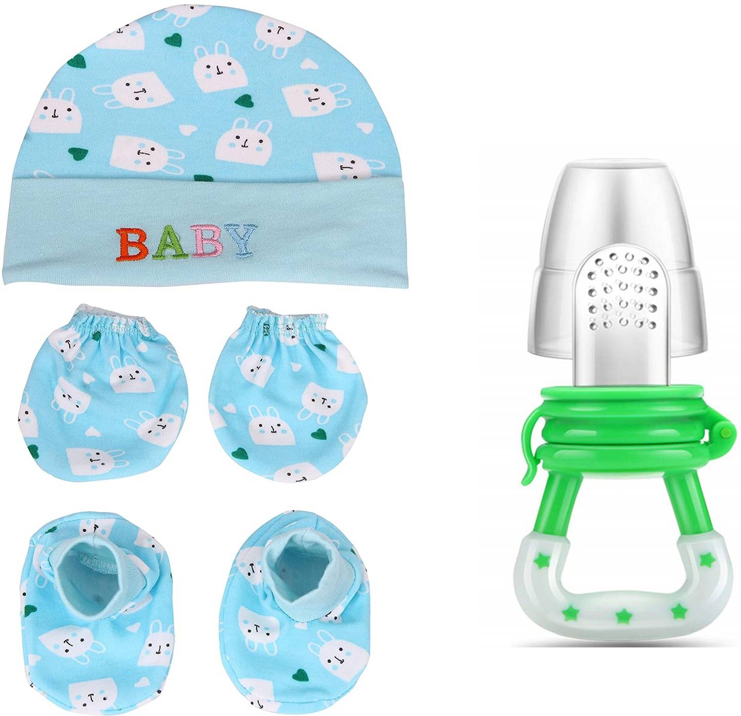 The Cheeky Kidzz Baby Silicone Fruit Nibbler With Hosiery Cotton Booties Mittens Cap(0-6 MONTHS)