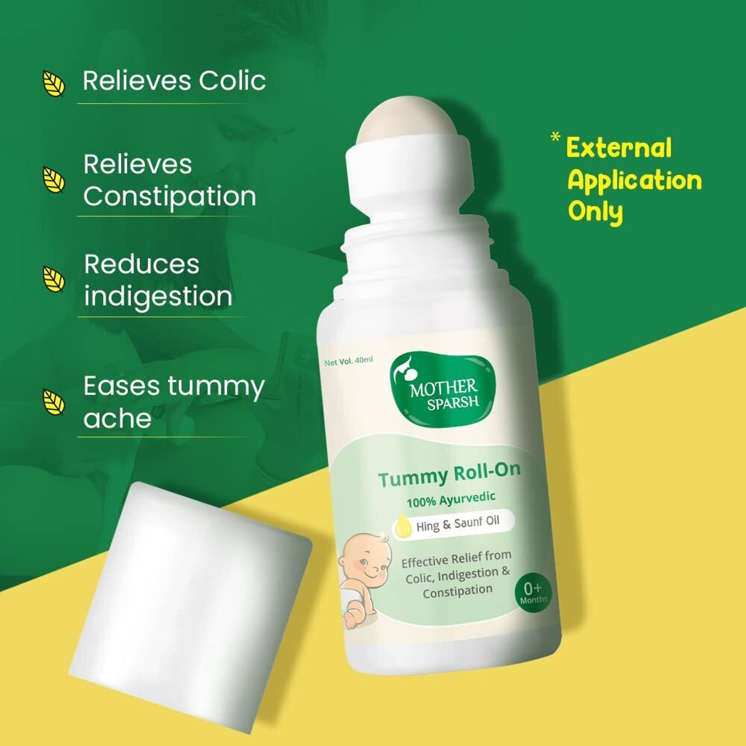 Image of Mother Sparsh Tummy Roll On for Baby, Colic Relief and Digestion,100%Ayurvedic,40ml(Pack of 2)