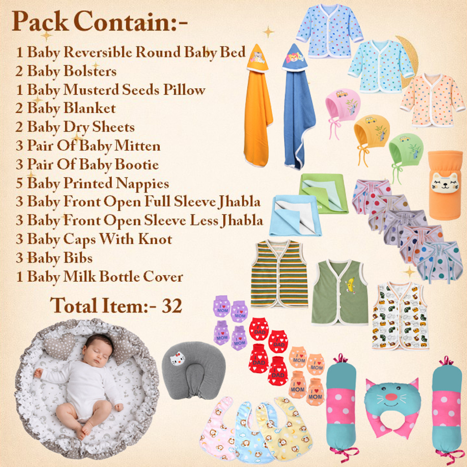Image of Toddylon New Born Baby Reversible Bed & Daily Essential Items Combo (0-6 Month)