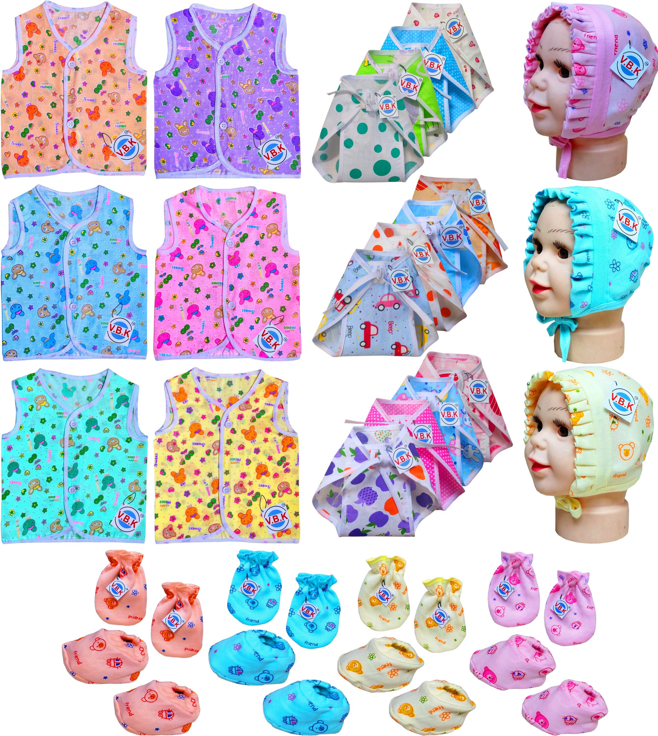 Image of V.B.K Baby Clothes With Jabla,Nappy,Mitten Booties and Cap. Pure Cotton, 0 to 6 Months