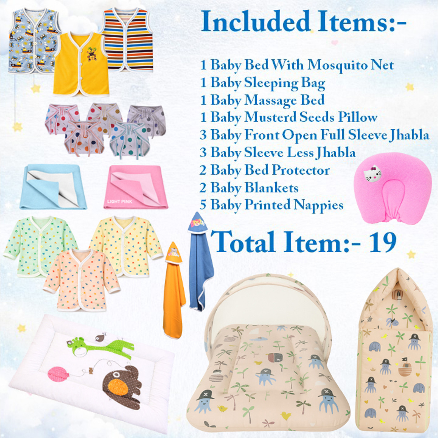 Image of Kwitchy New Born Baby Unisex Bedding & Clothing Set Combo Pack