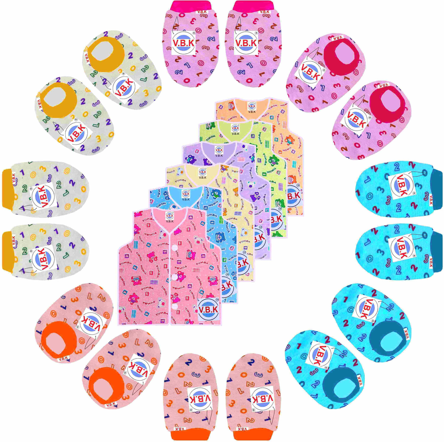Image of V.B.K Baby Dress Cloth Set With Mitten Booties and Jabla, Hosiery and Cotton,0-6 Month