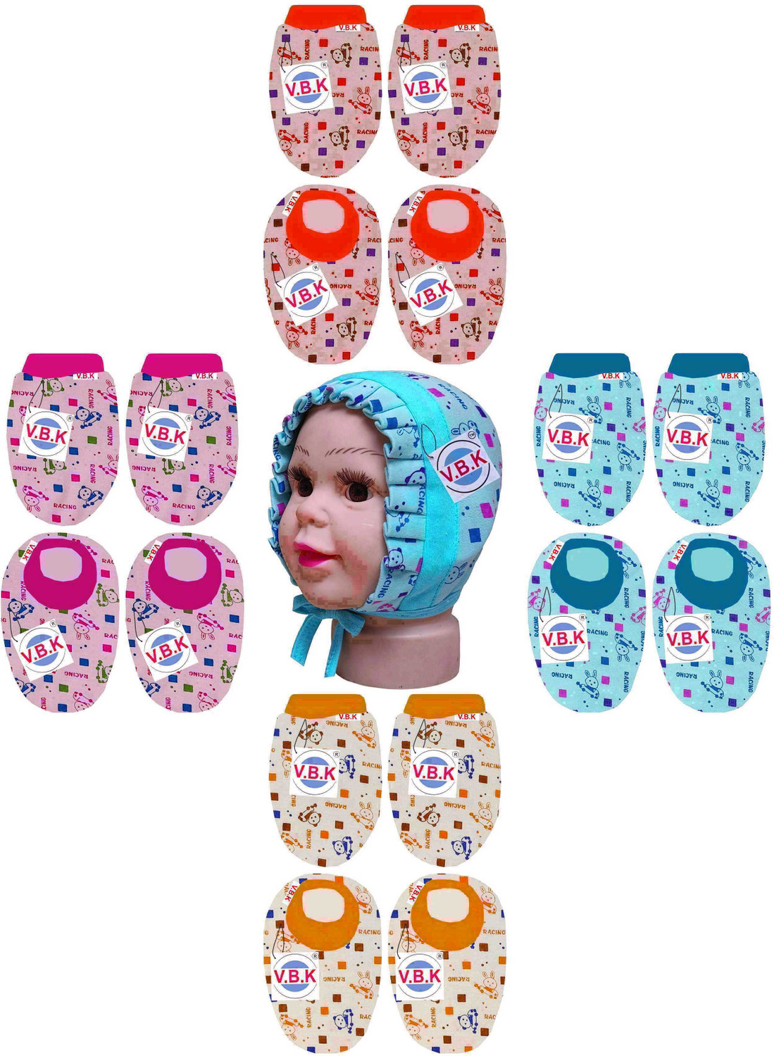 Image of V.B.K Baby Mitten Booties and Cap Set, 4 Pair Mitten Booties and 1 Cap, 0 - 6 Month