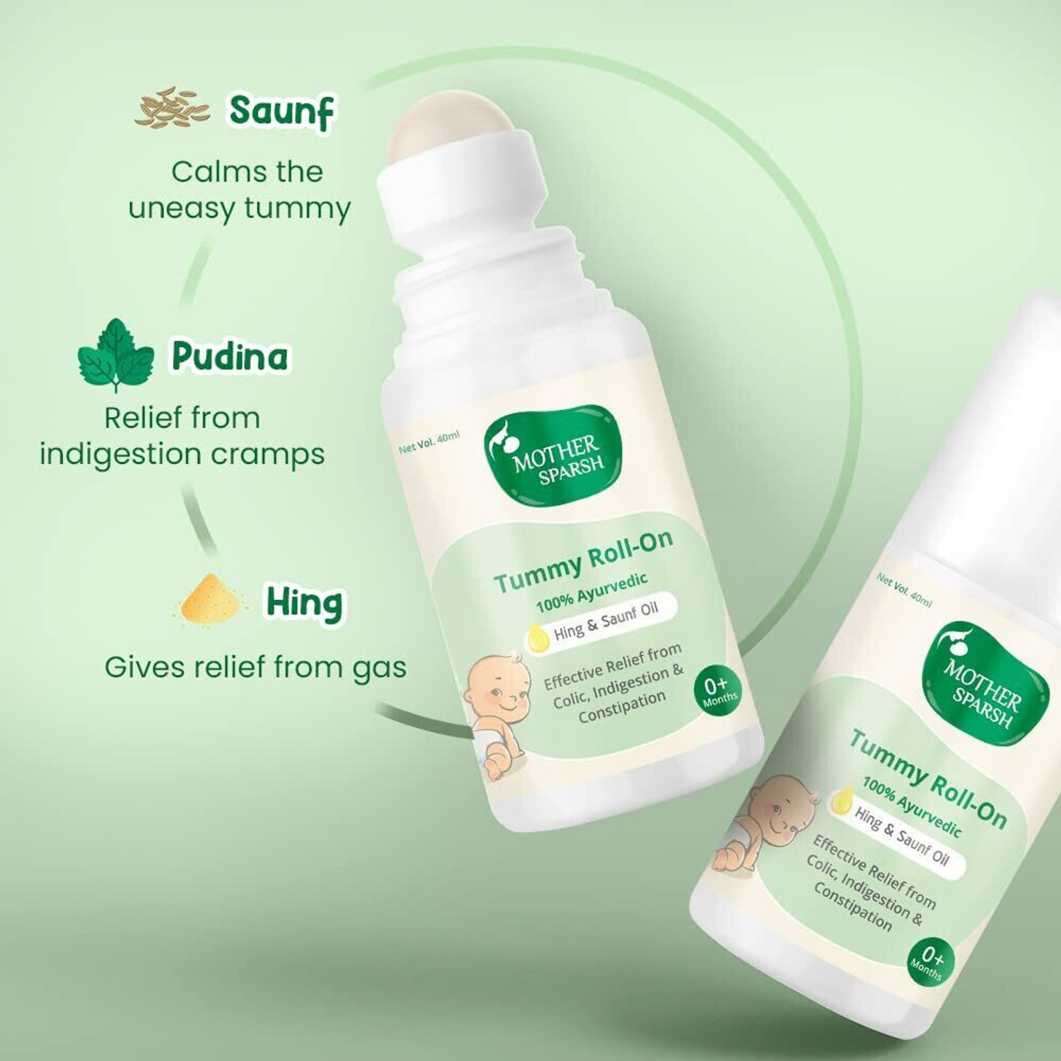 Image of Mother Sparsh Tummy roll on for Colic Relief and Digestion with Hing and saunf, 100% ayurvedic 40ml