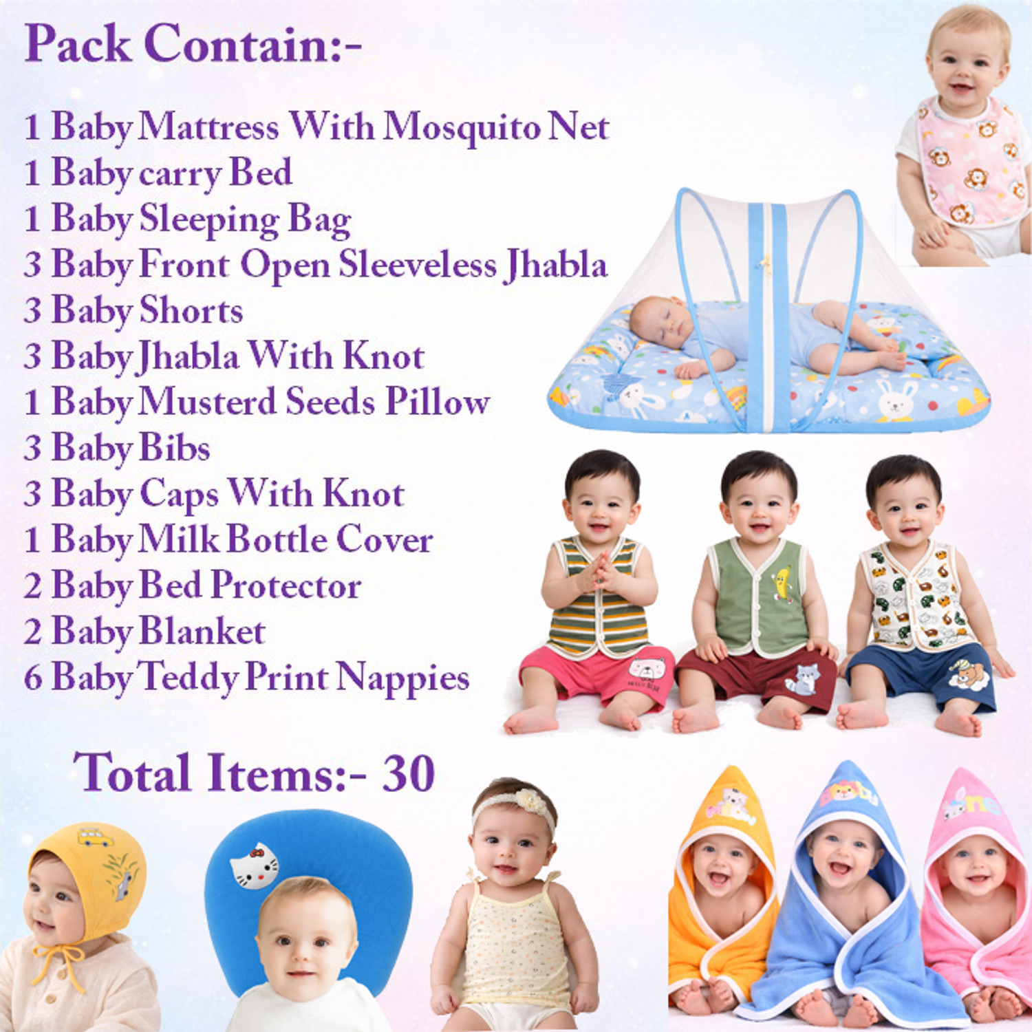 Image of Toddylon Baby Summer Combo Set with Mosquito Net, Clothes & Essentials Kit for Newborn