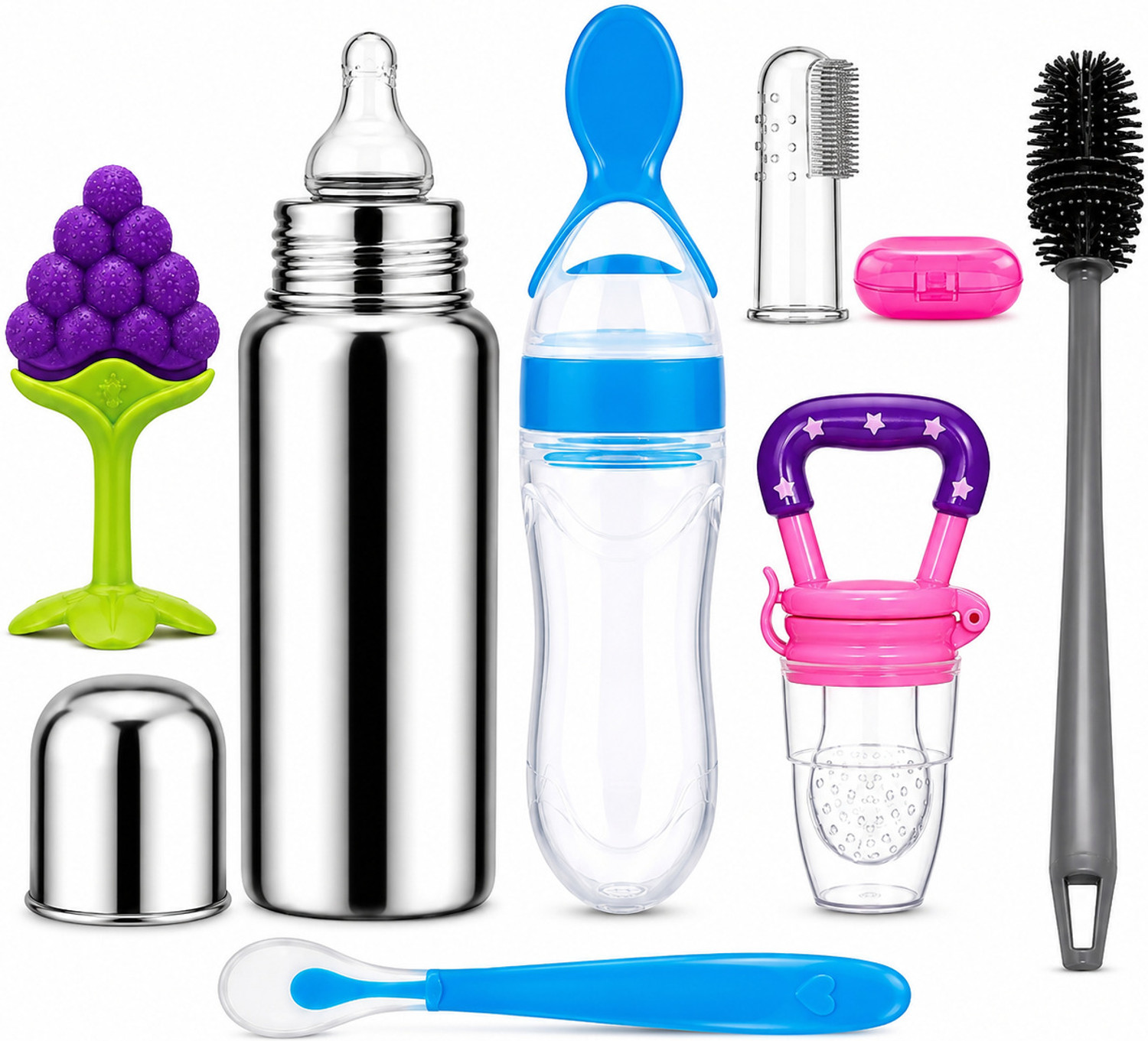 Image of Y.GOYAL&CO. Premium Baby Feeding Combo - Feeder Bottle, Spoon Bottle, Nibbler & Brush Set